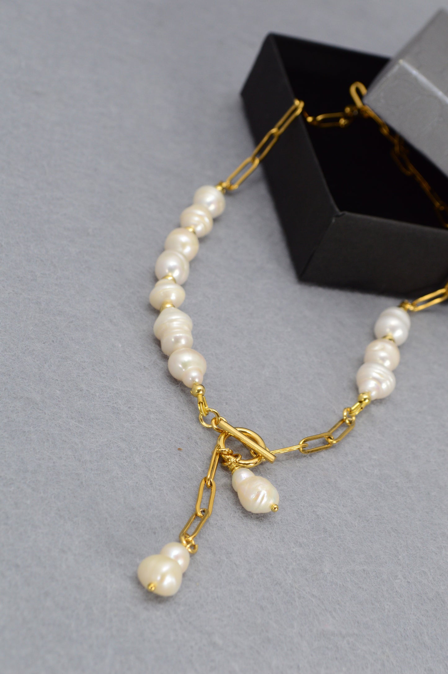Gold Asymmetrical Pearl Necklace | Stainless Steel & Freshwater Pearls | Modern Baroque