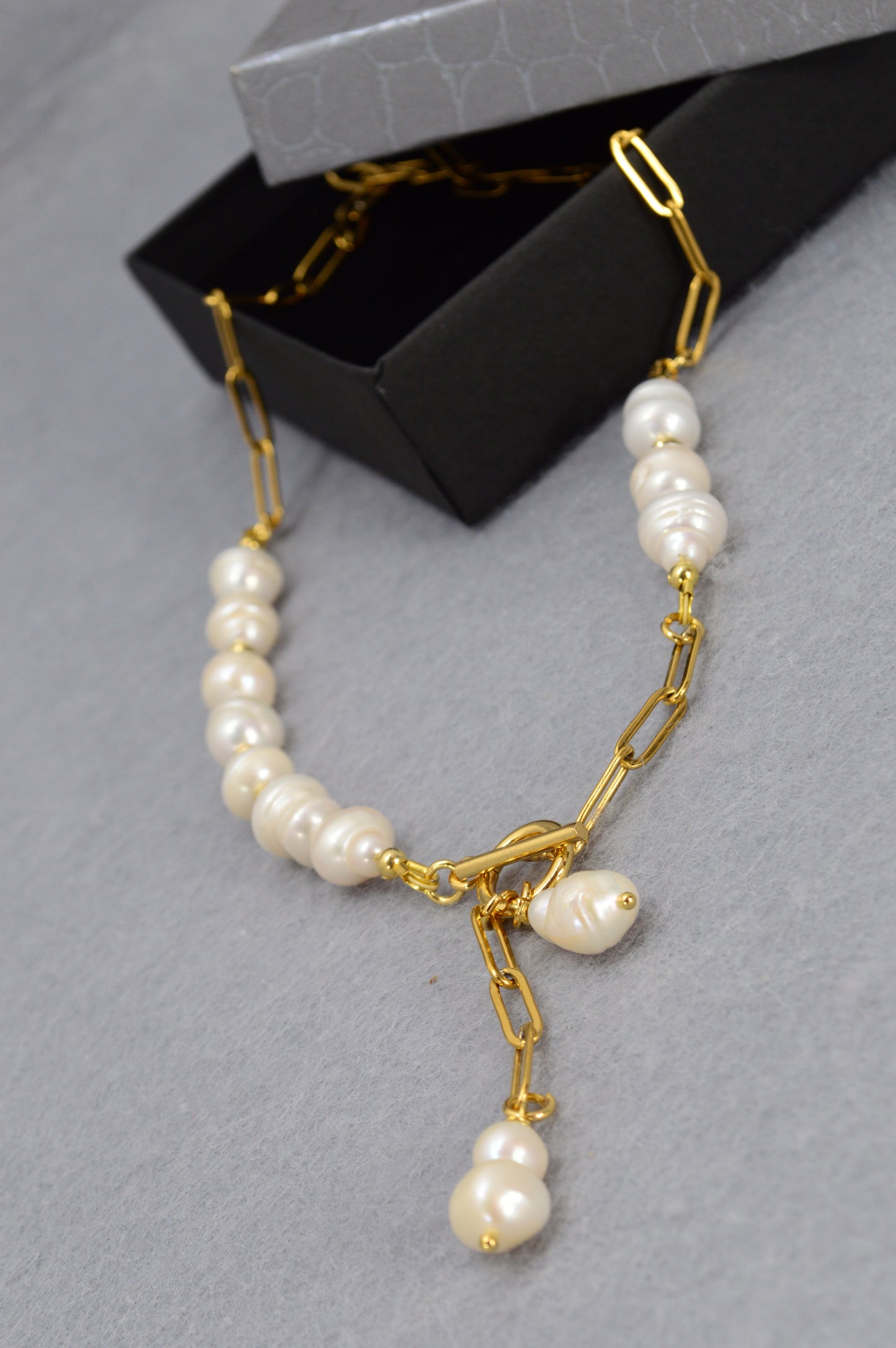 Gold Asymmetrical Pearl Necklace | Stainless Steel & Freshwater Pearls | Modern Baroque