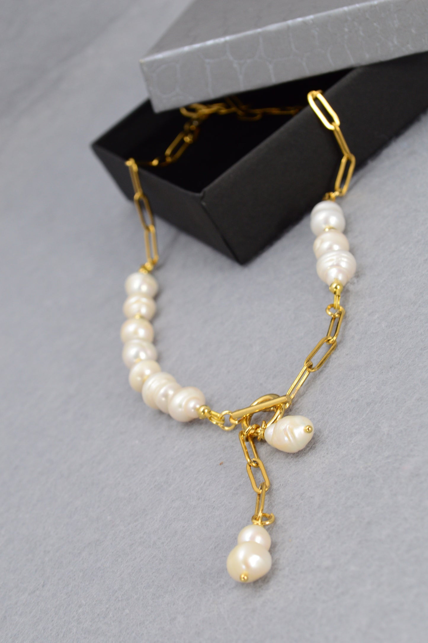 Gold Asymmetrical Pearl Necklace | Stainless Steel & Freshwater Pearls | Modern Baroque