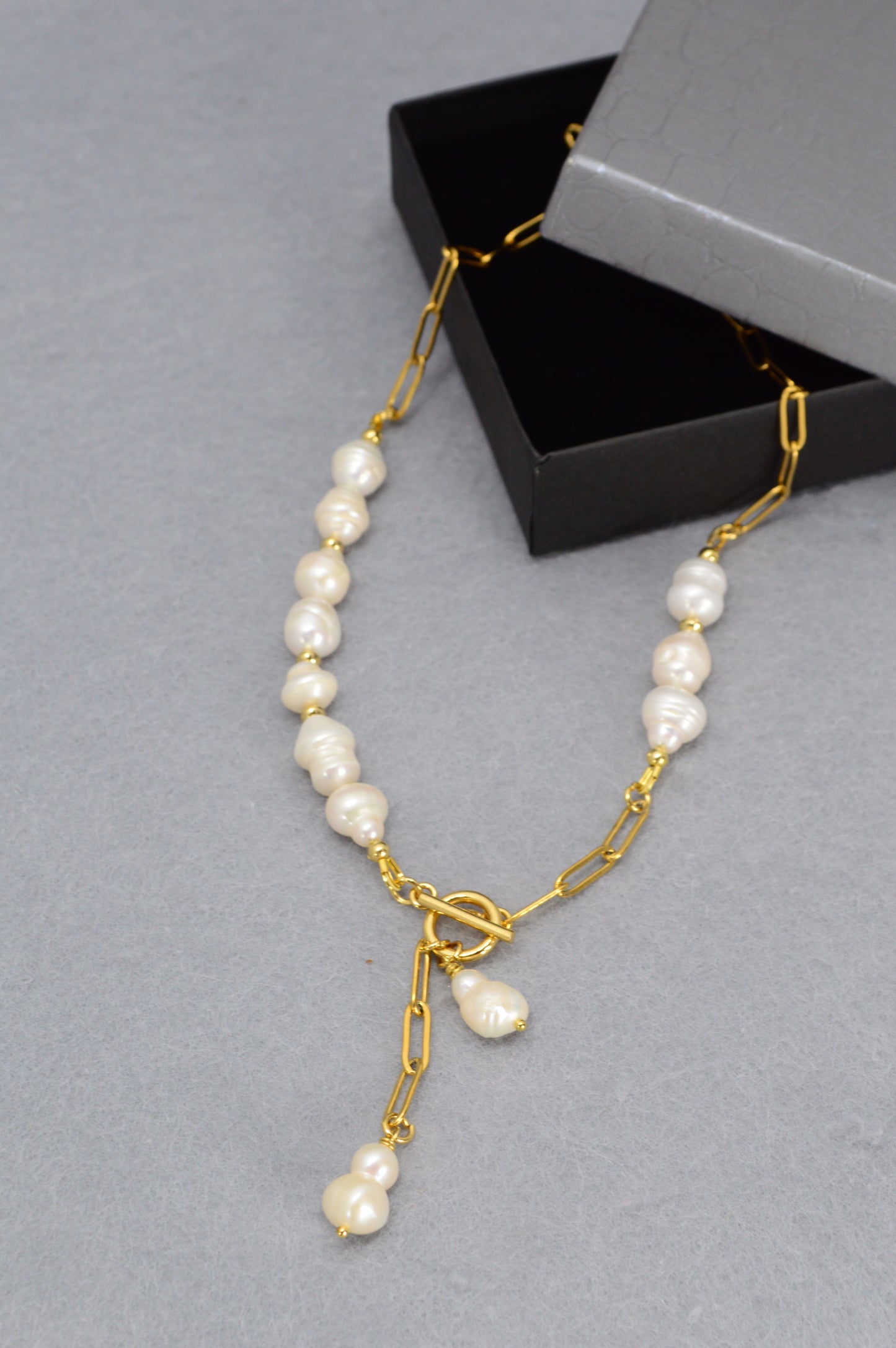 Gold Asymmetrical Pearl Necklace | Stainless Steel & Freshwater Pearls | Modern Baroque