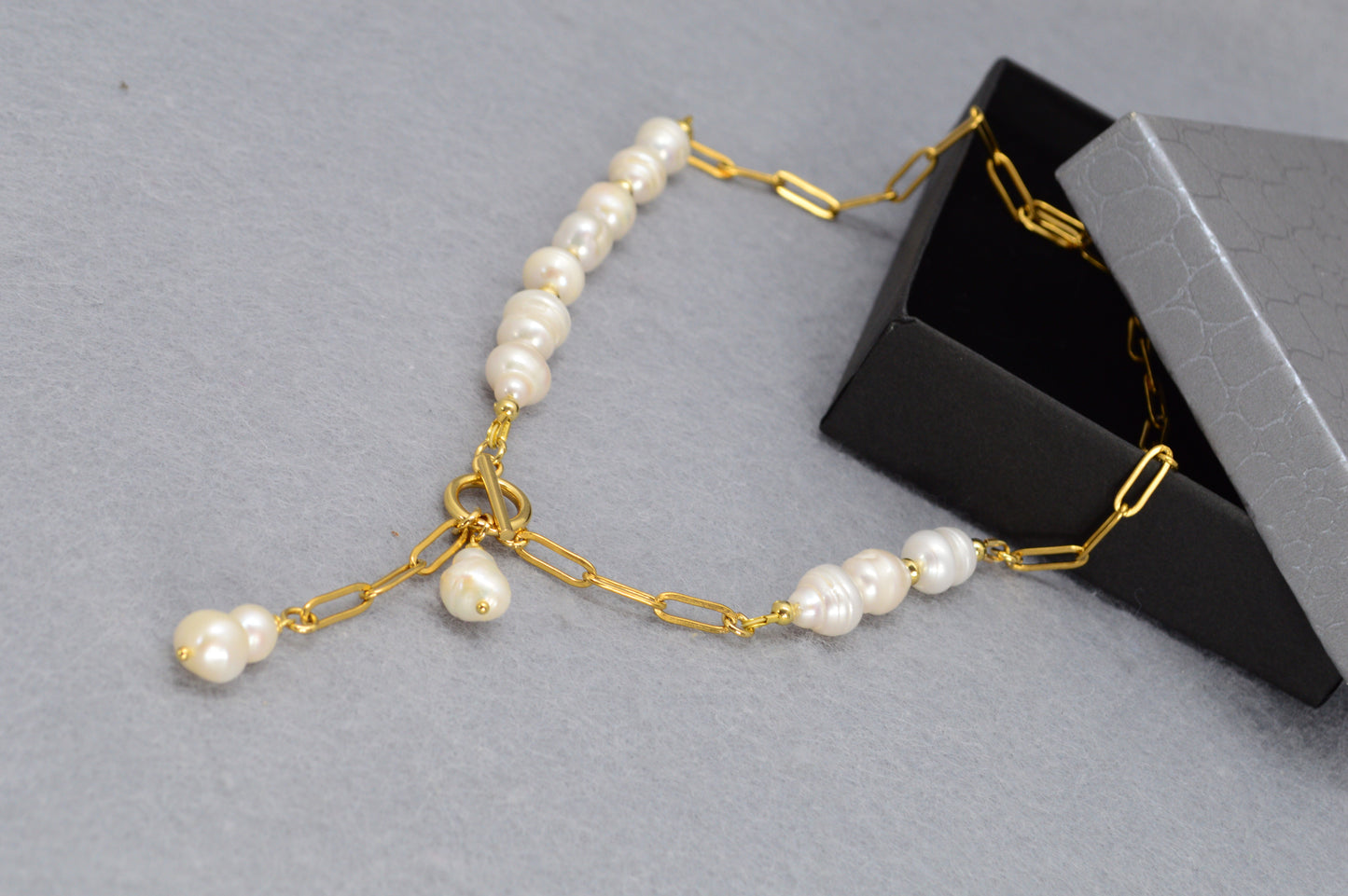 Gold Asymmetrical Pearl Necklace | Stainless Steel & Freshwater Pearls | Modern Baroque