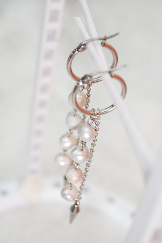 Pearl Drop Hoop Earrings – Boho Statement Jewelry - about 10cm - 4"