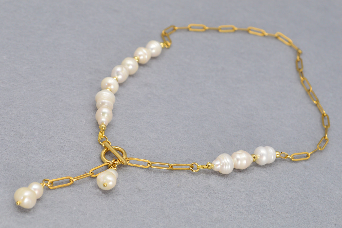 Gold Asymmetrical Pearl Necklace | Stainless Steel & Freshwater Pearls | Modern Baroque