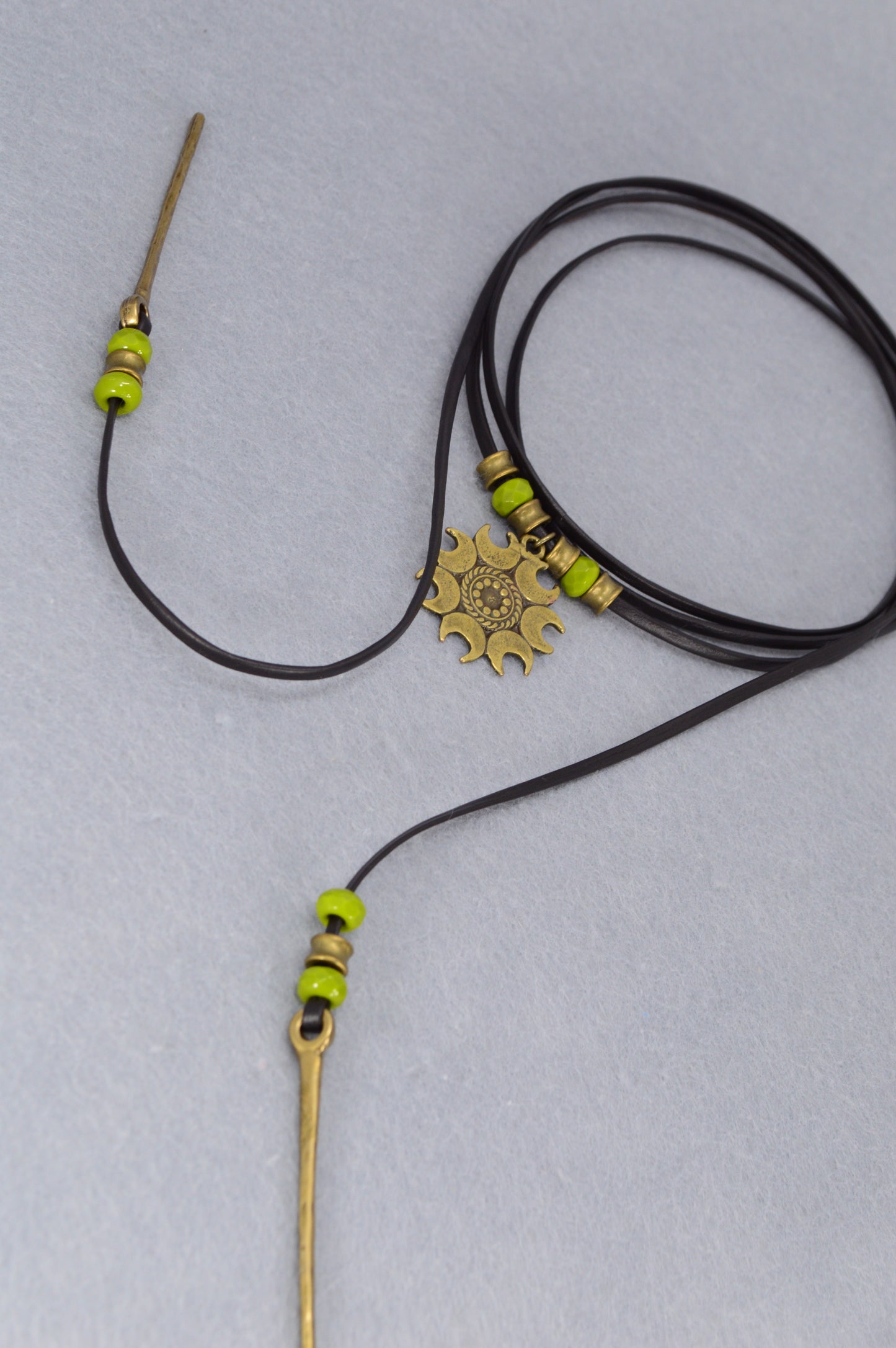 Boho Sun Pendant Leather Wrap Necklace – Festival Jewelry with Green Beads, Hippie Gypsy Style