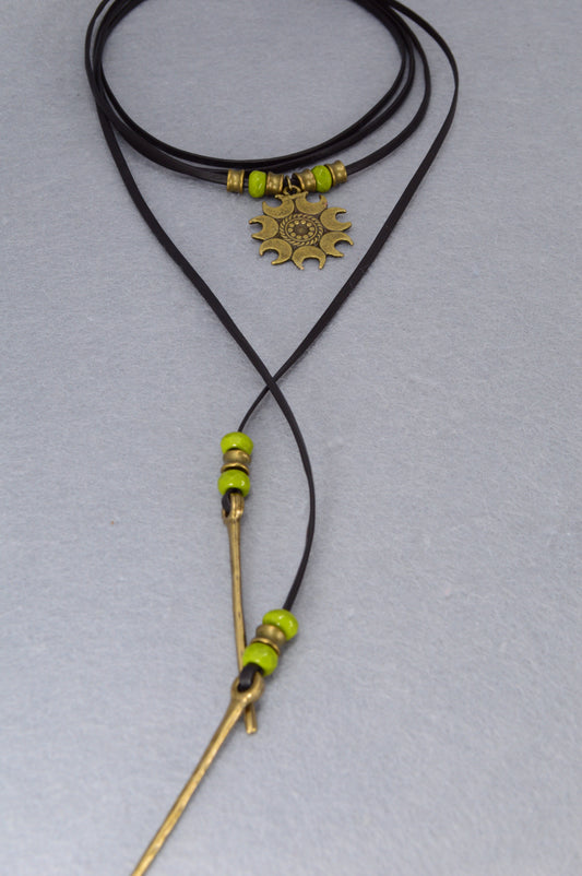 Boho Sun Pendant Leather Wrap Necklace – Festival Jewelry with Green Beads, Hippie Gypsy Style