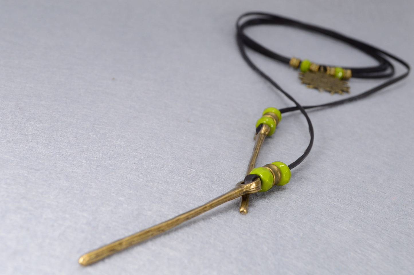 Boho Sun Pendant Leather Wrap Necklace – Festival Jewelry with Green Beads, Hippie Gypsy Style