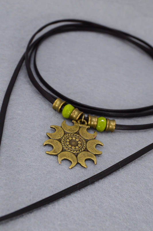 Boho Sun Pendant Leather Wrap Necklace – Festival Jewelry with Green Beads, Hippie Gypsy Style