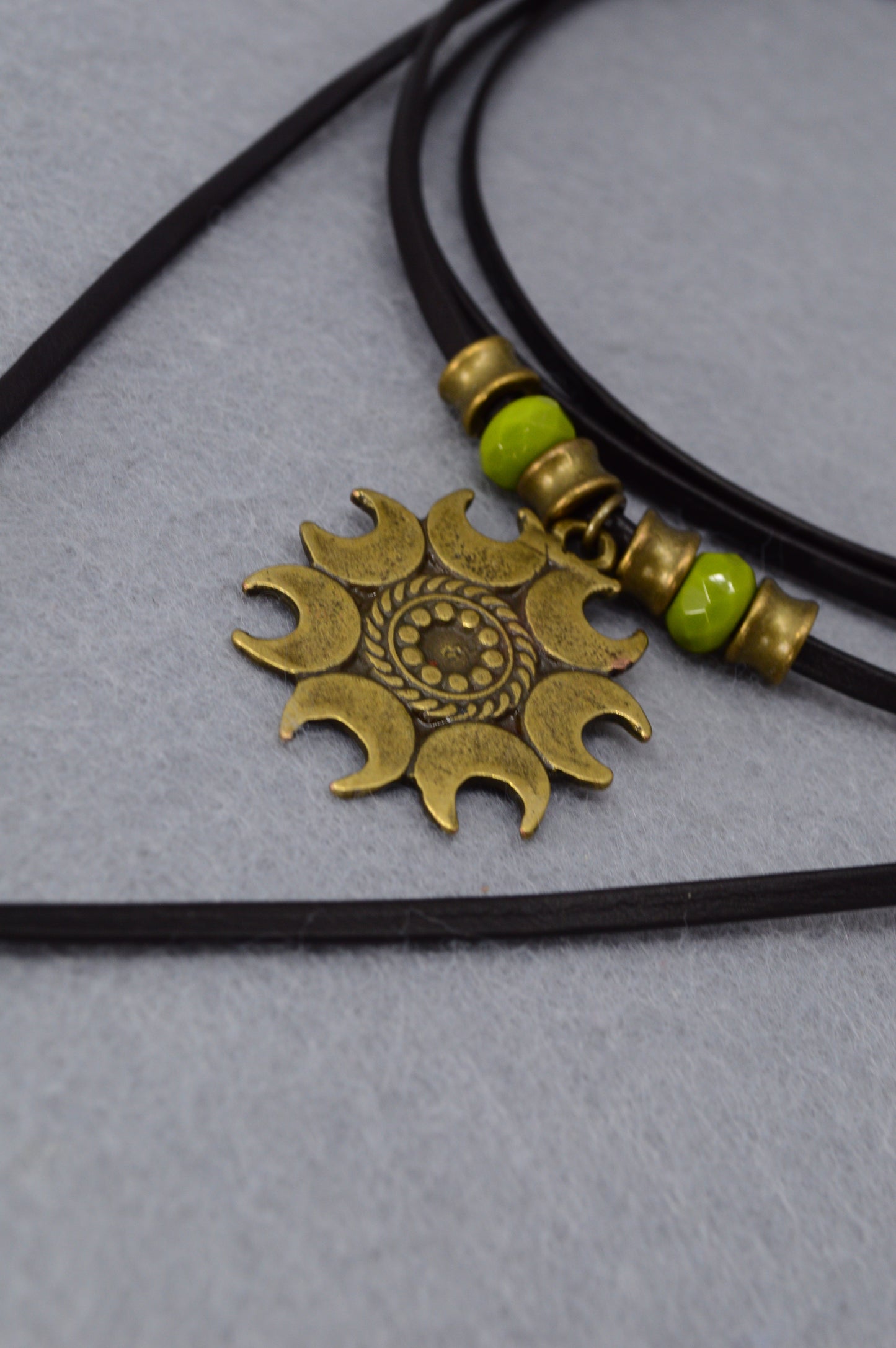Boho Sun Pendant Leather Wrap Necklace – Festival Jewelry with Green Beads, Hippie Gypsy Style