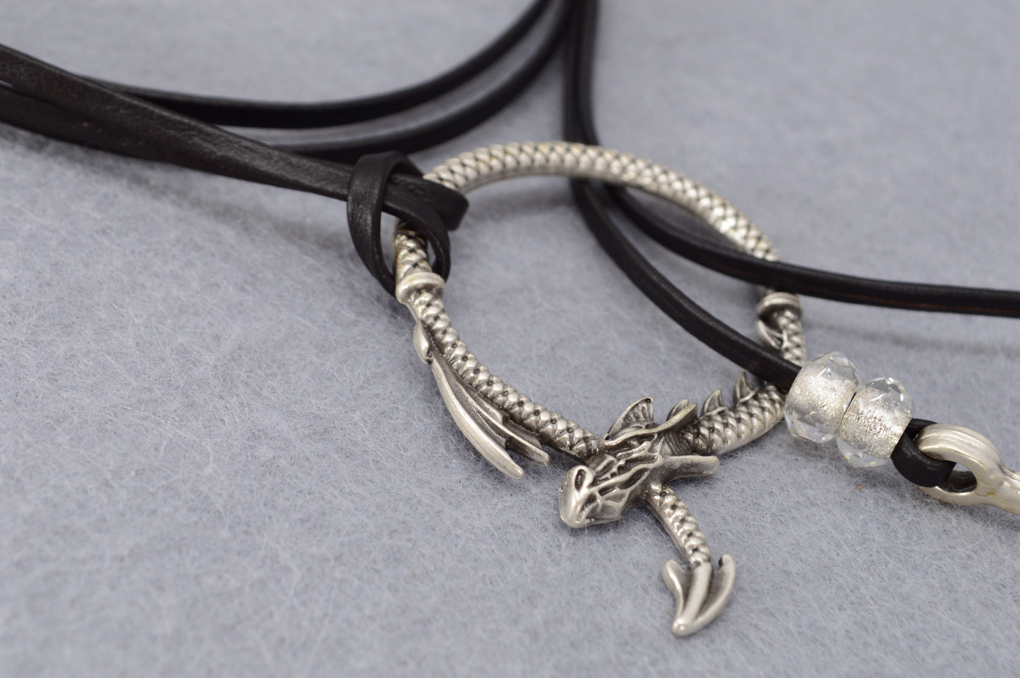 Dragon Circle Necklace | Boho Leather Choker with Silver Dragon Charm