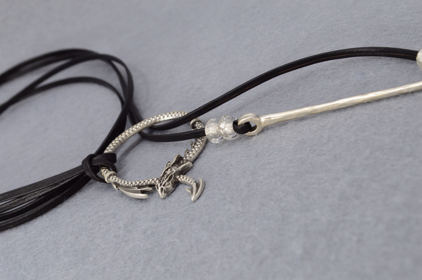 Dragon Circle Necklace | Boho Leather Choker with Silver Dragon Charm