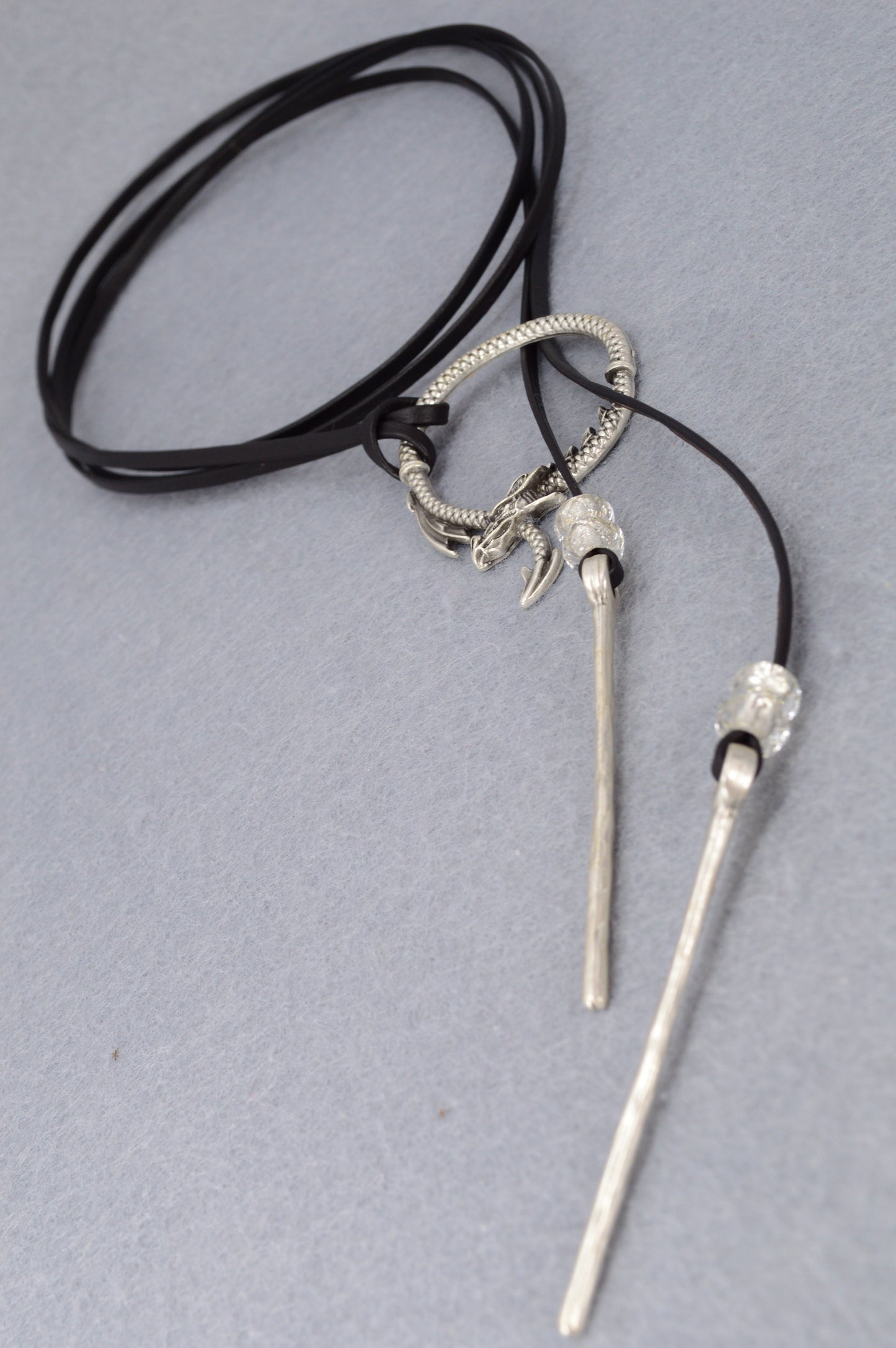 Dragon Circle Necklace | Boho Leather Choker with Silver Dragon Charm