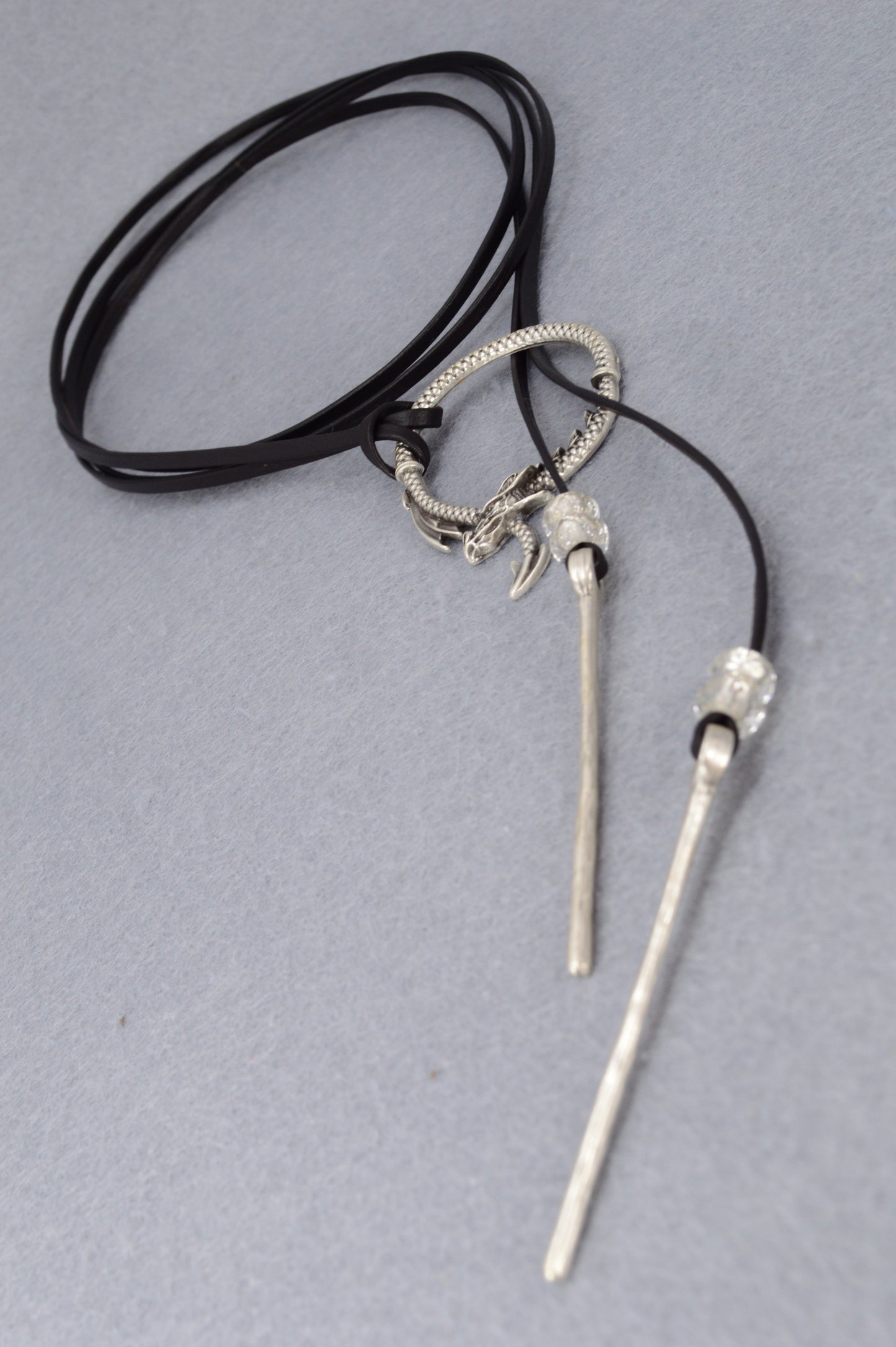 Dragon Circle Necklace | Boho Leather Choker with Silver Dragon Charm
