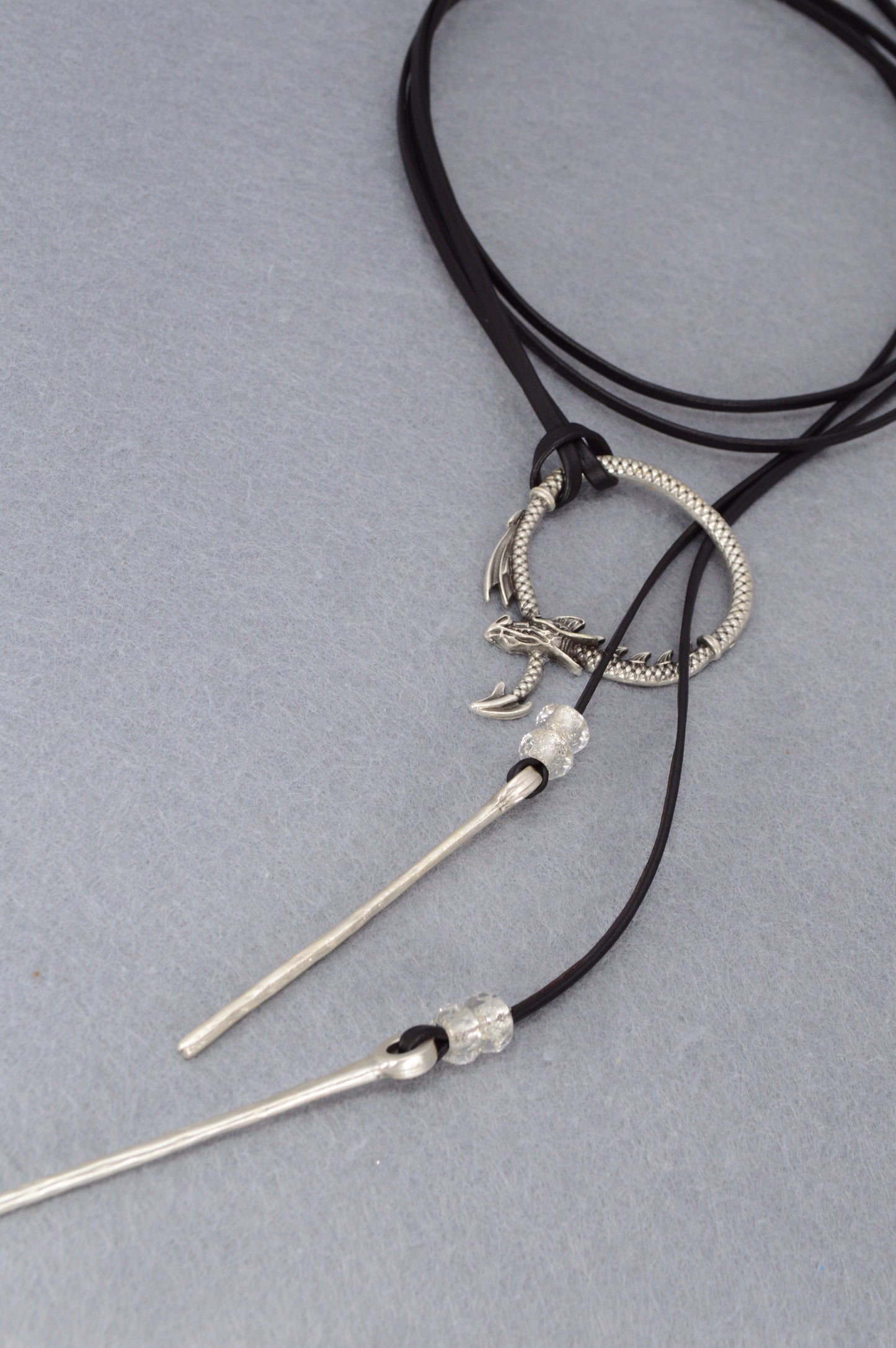 Dragon Circle Necklace | Boho Leather Choker with Silver Dragon Charm