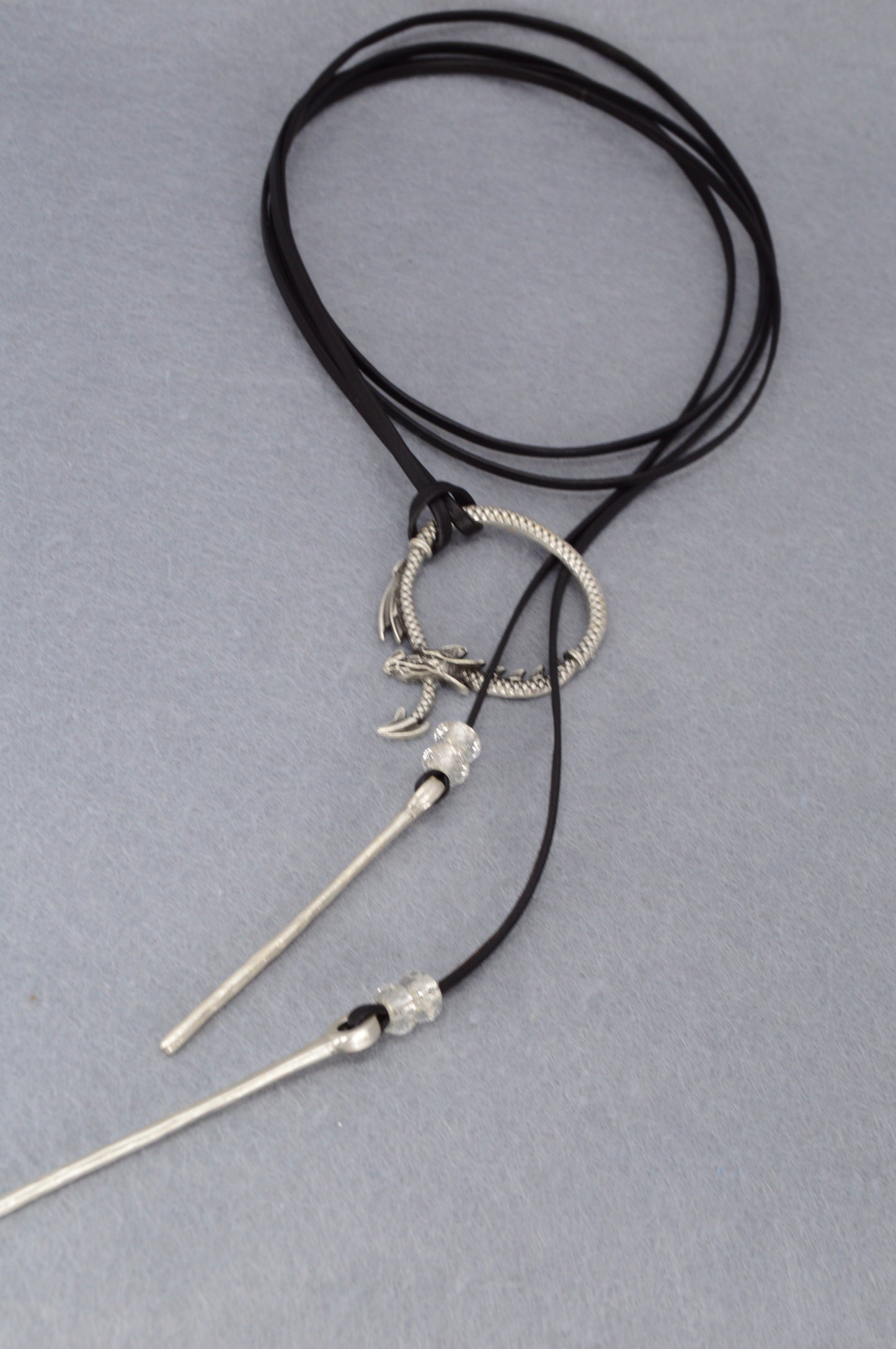 Dragon Circle Necklace | Boho Leather Choker with Silver Dragon Charm