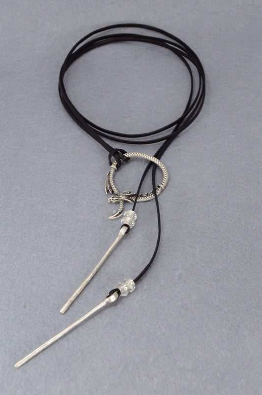 Dragon Circle Necklace | Boho Leather Choker with Silver Dragon Charm