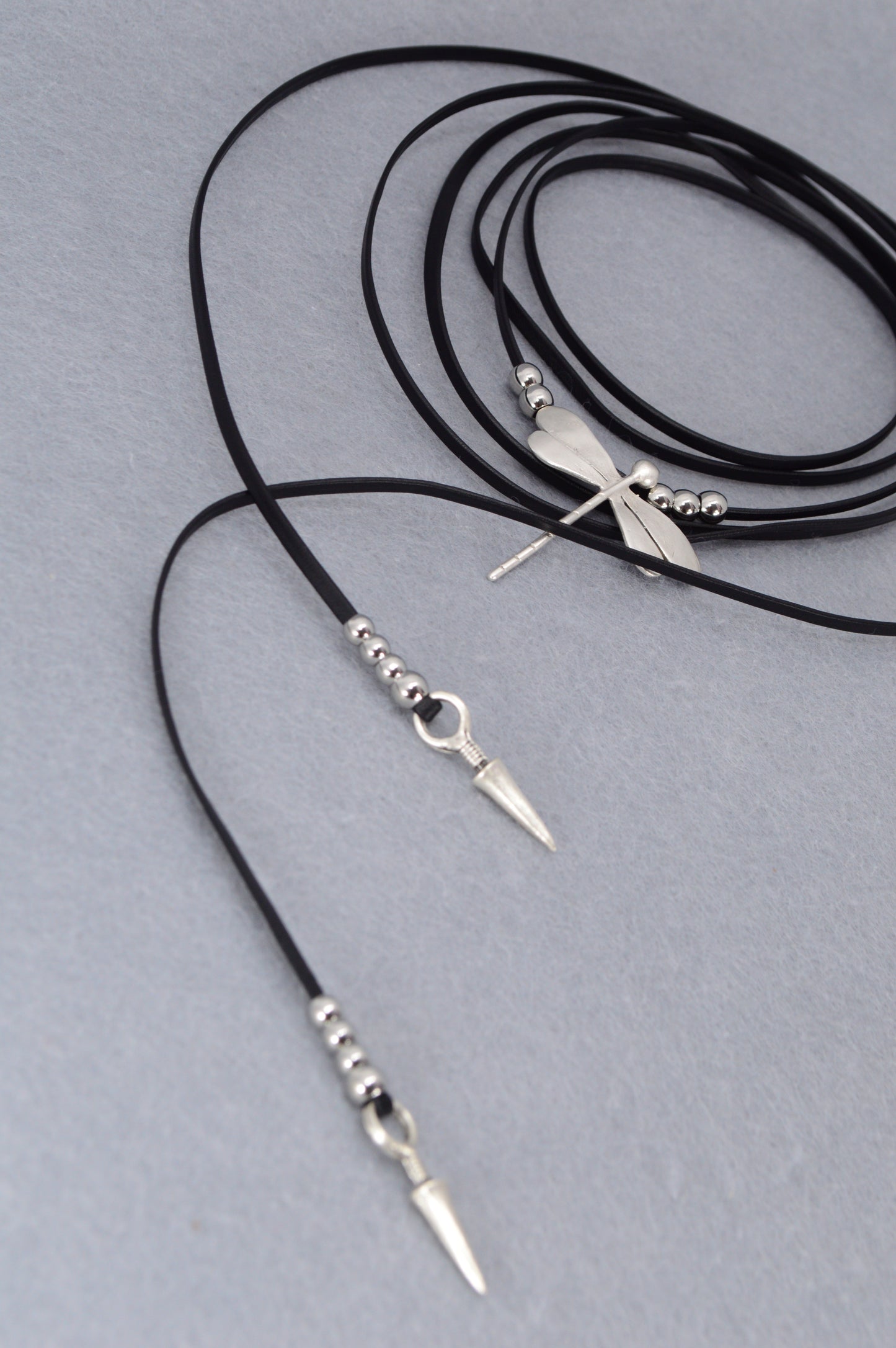Dragonfly Spirit Necklace | Boho Leather Choker with Silver Charm & Spikes