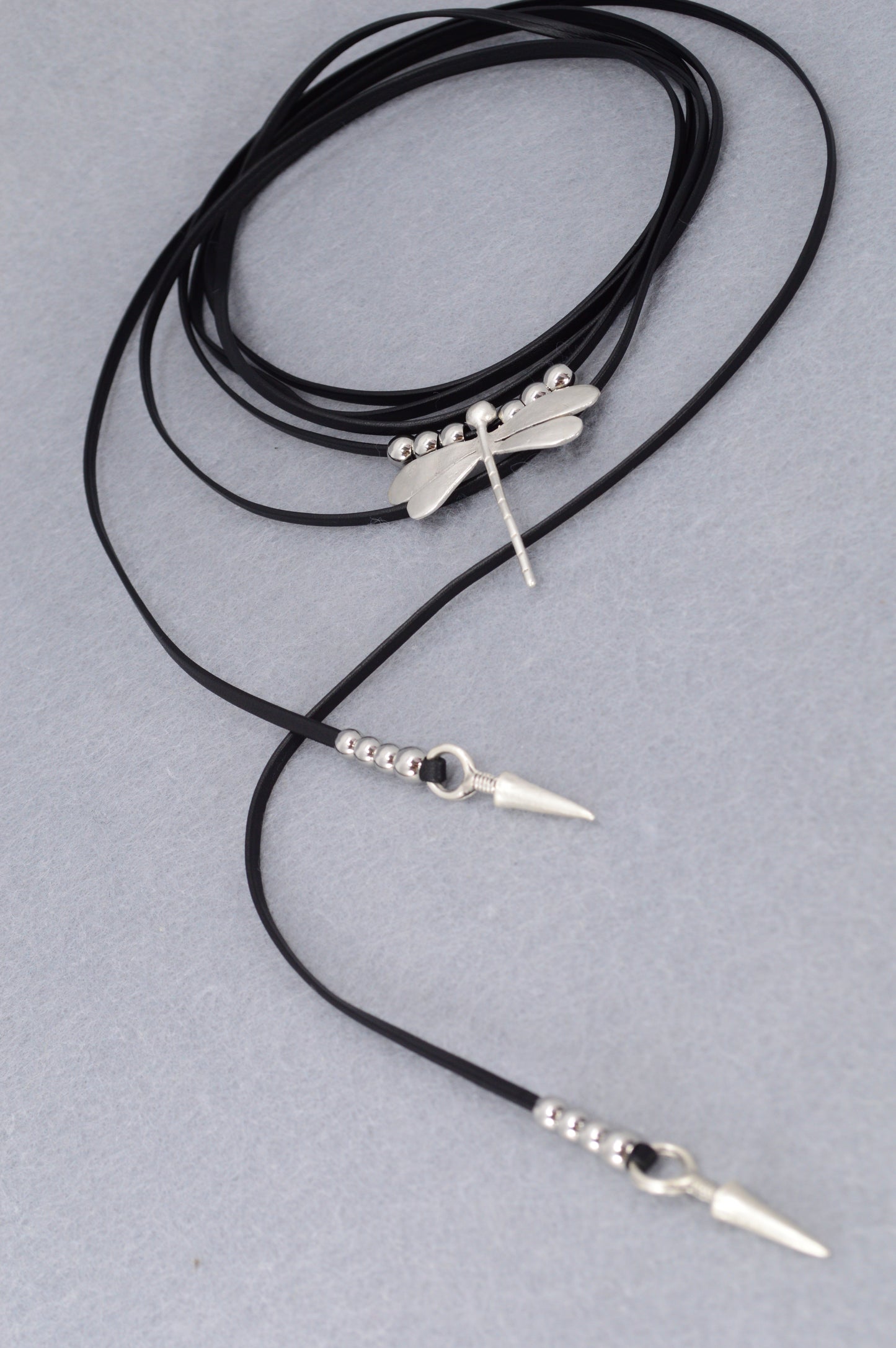Dragonfly Spirit Necklace | Boho Leather Choker with Silver Charm & Spikes