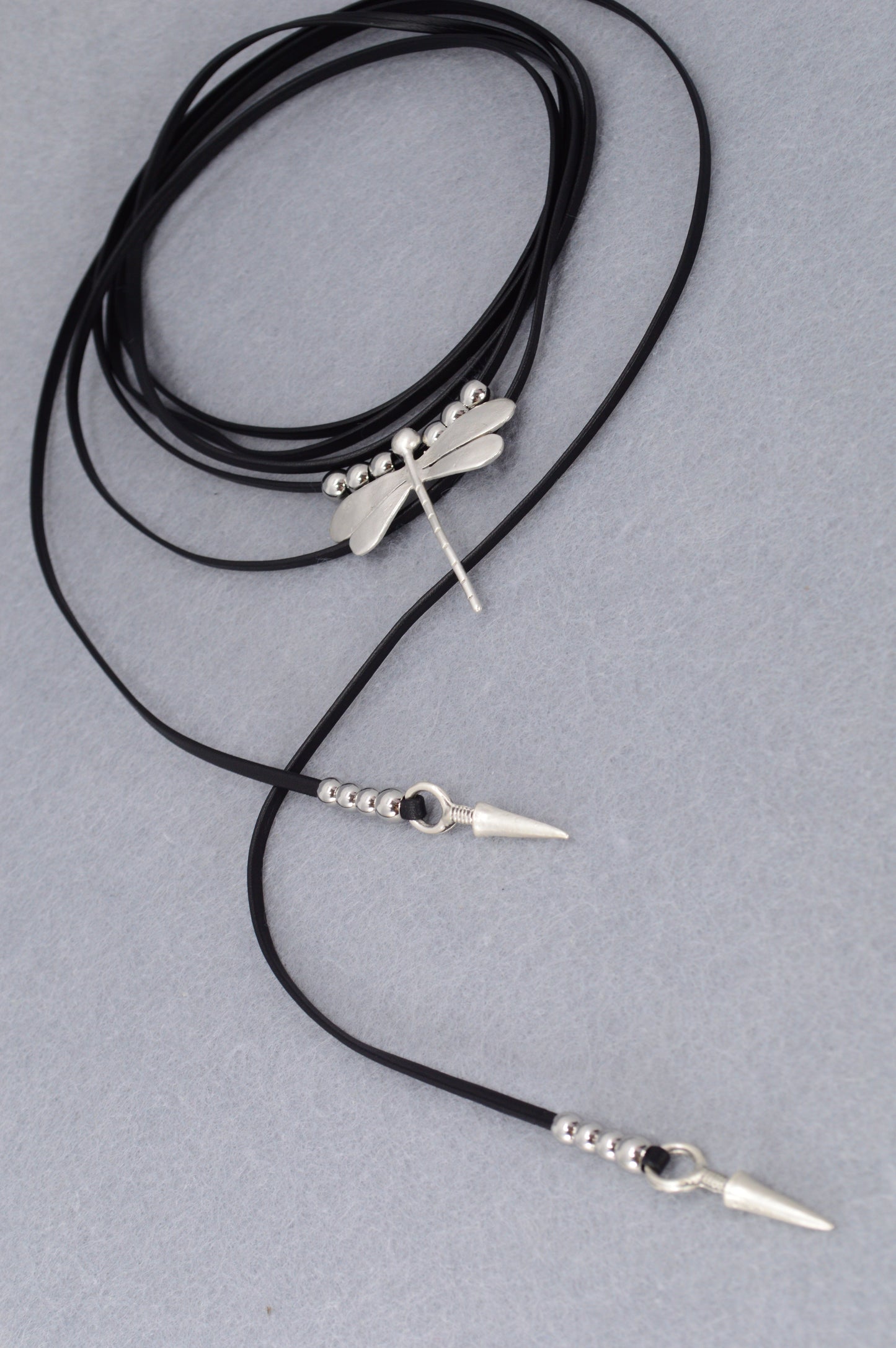Dragonfly Spirit Necklace | Boho Leather Choker with Silver Charm & Spikes