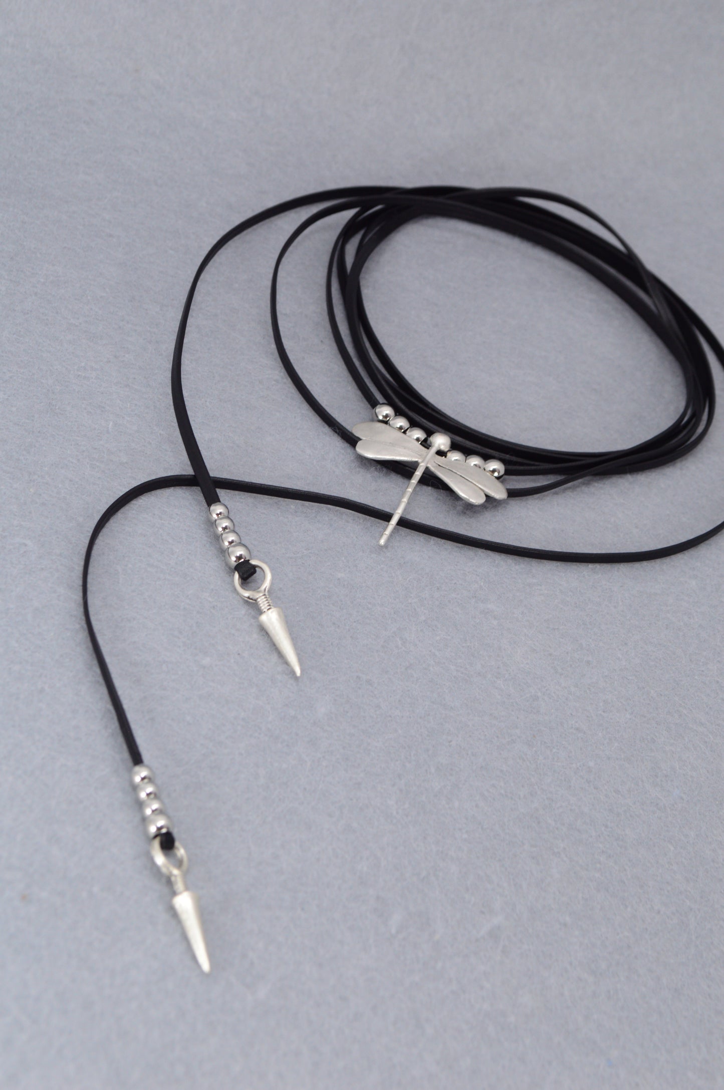 Dragonfly Spirit Necklace | Boho Leather Choker with Silver Charm & Spikes
