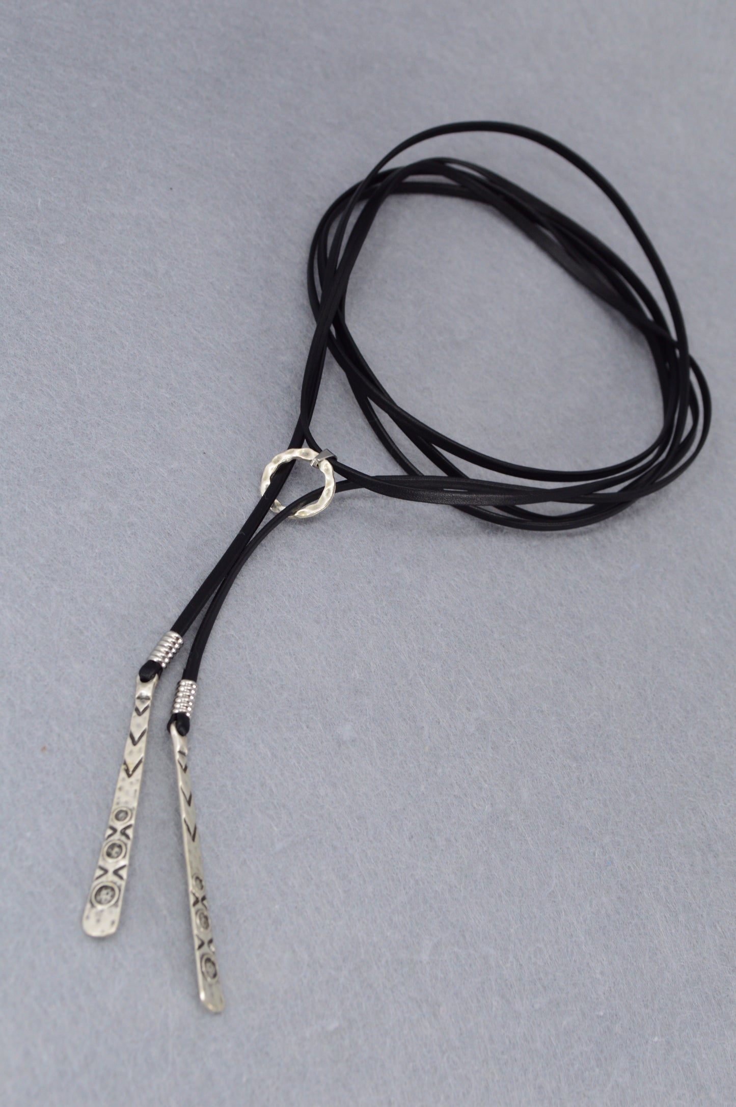 Boho Tribal Leather Choker Necklace – Festival Jewelry with Ethnic Silver Pendants