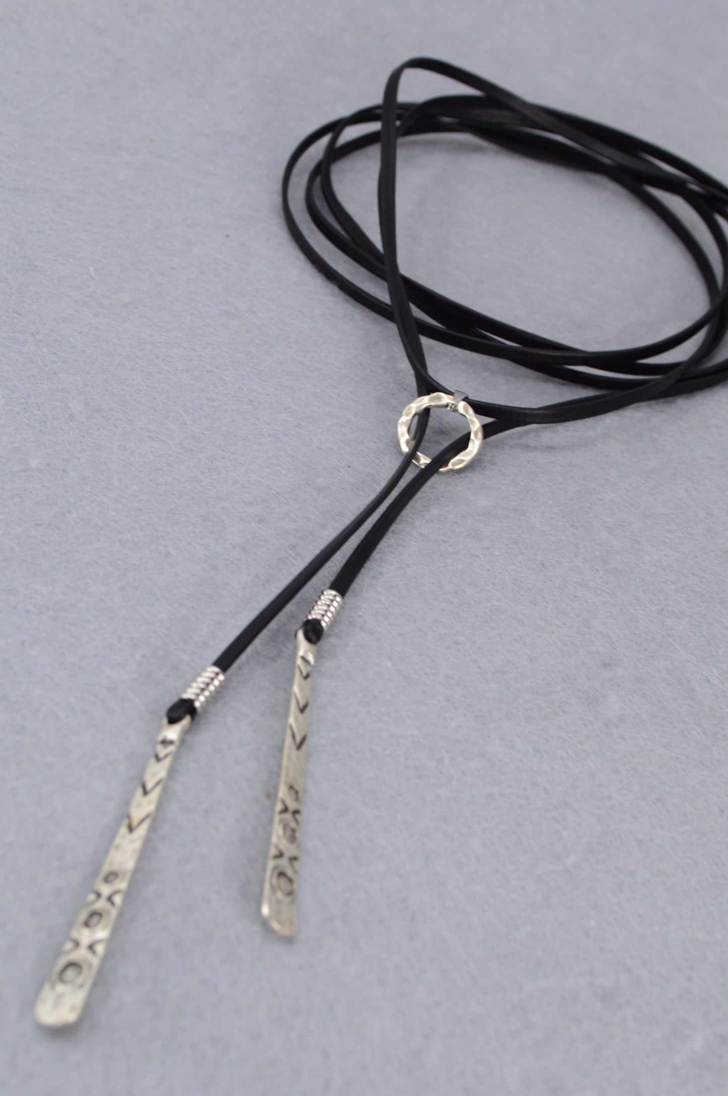 Boho Tribal Leather Choker Necklace – Festival Jewelry with Ethnic Silver Pendants