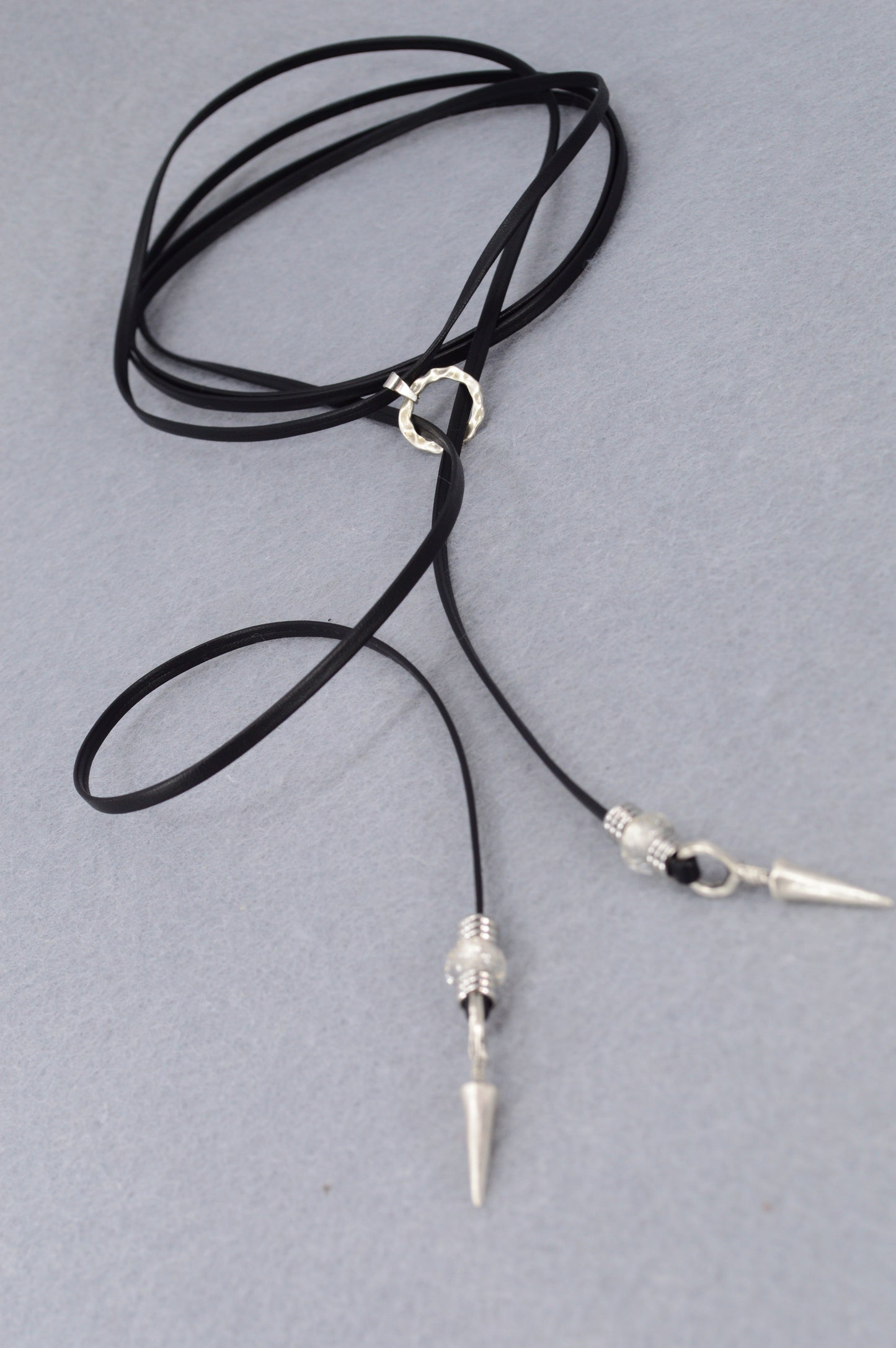 Leather Wrap Choker Necklace | Edgy Boho Festival Jewelry | Black Cord with Silver Spikes