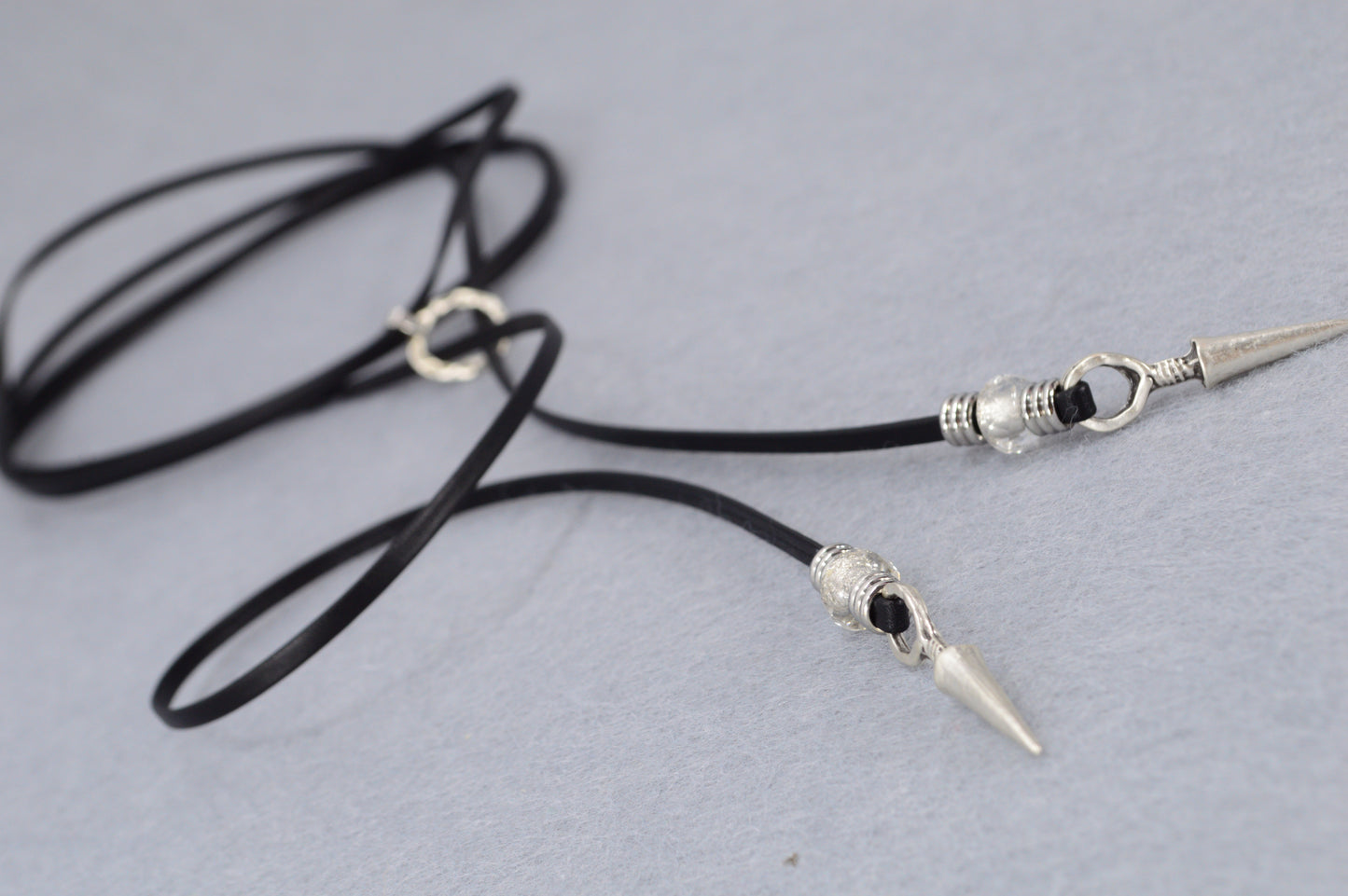 Leather Wrap Choker Necklace | Edgy Boho Festival Jewelry | Black Cord with Silver Spikes