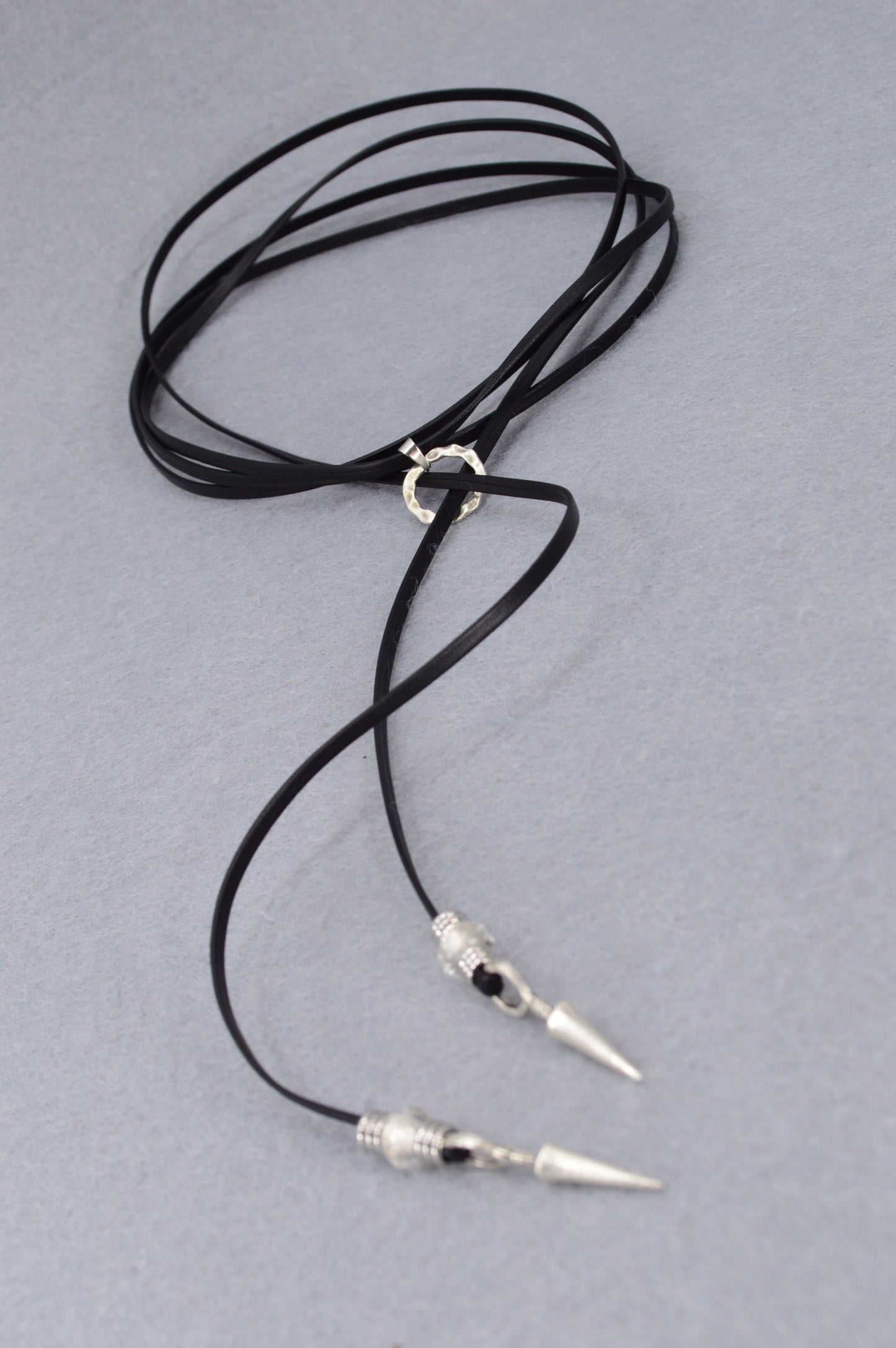 Leather Wrap Choker Necklace | Edgy Boho Festival Jewelry | Black Cord with Silver Spikes