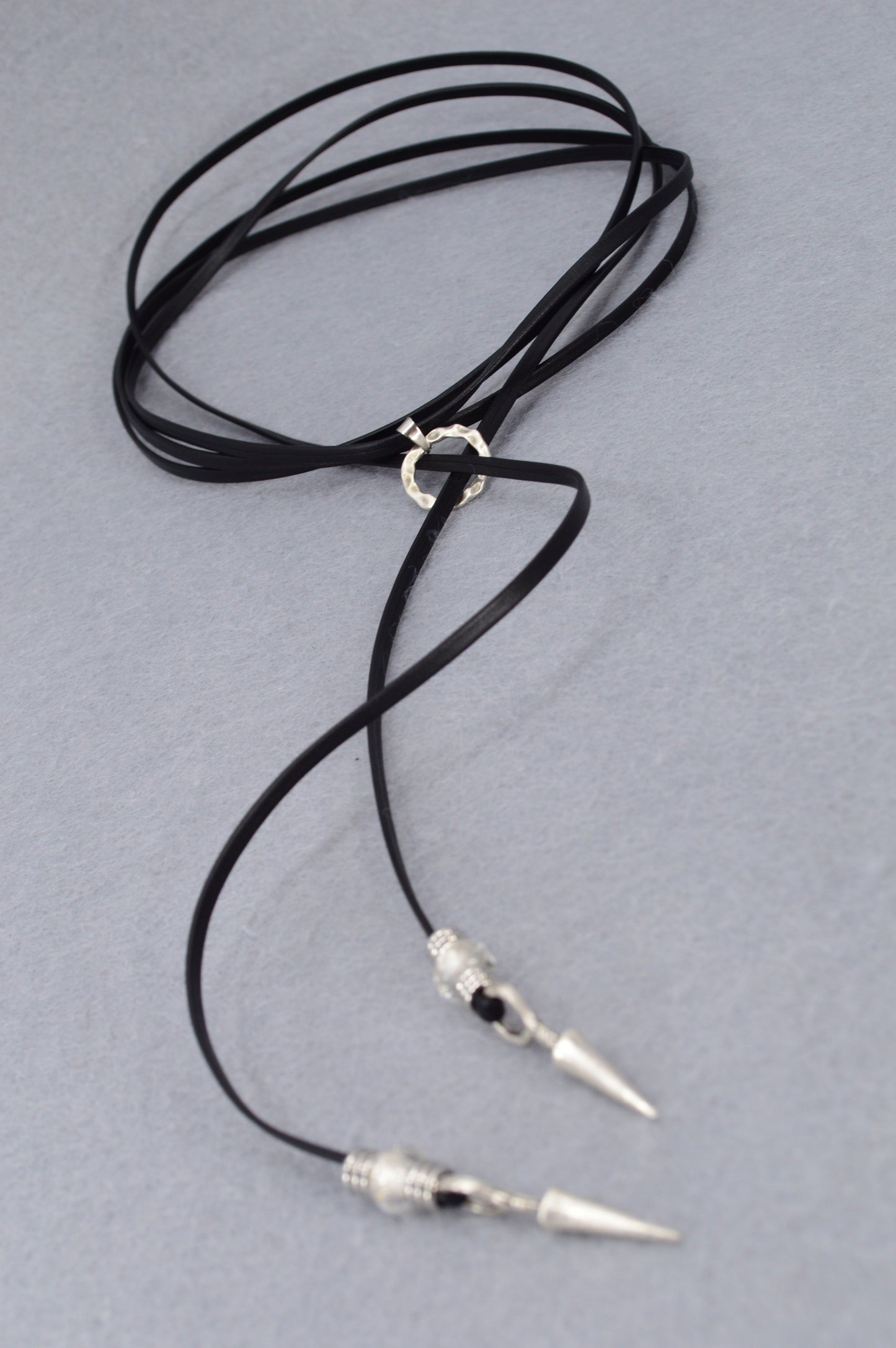 Leather Wrap Choker Necklace | Edgy Boho Festival Jewelry | Black Cord with Silver Spikes