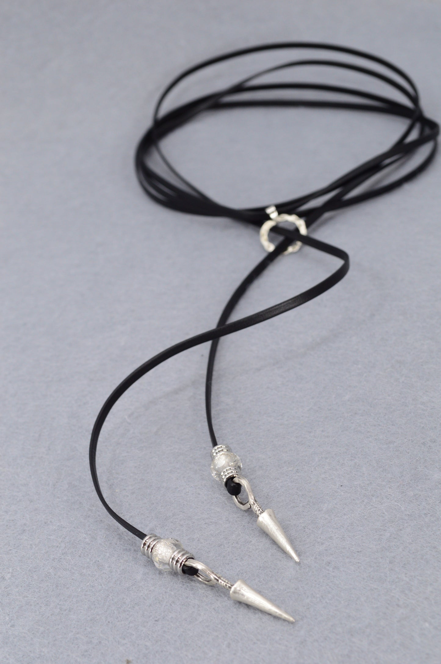 Leather Wrap Choker Necklace | Edgy Boho Festival Jewelry | Black Cord with Silver Spikes