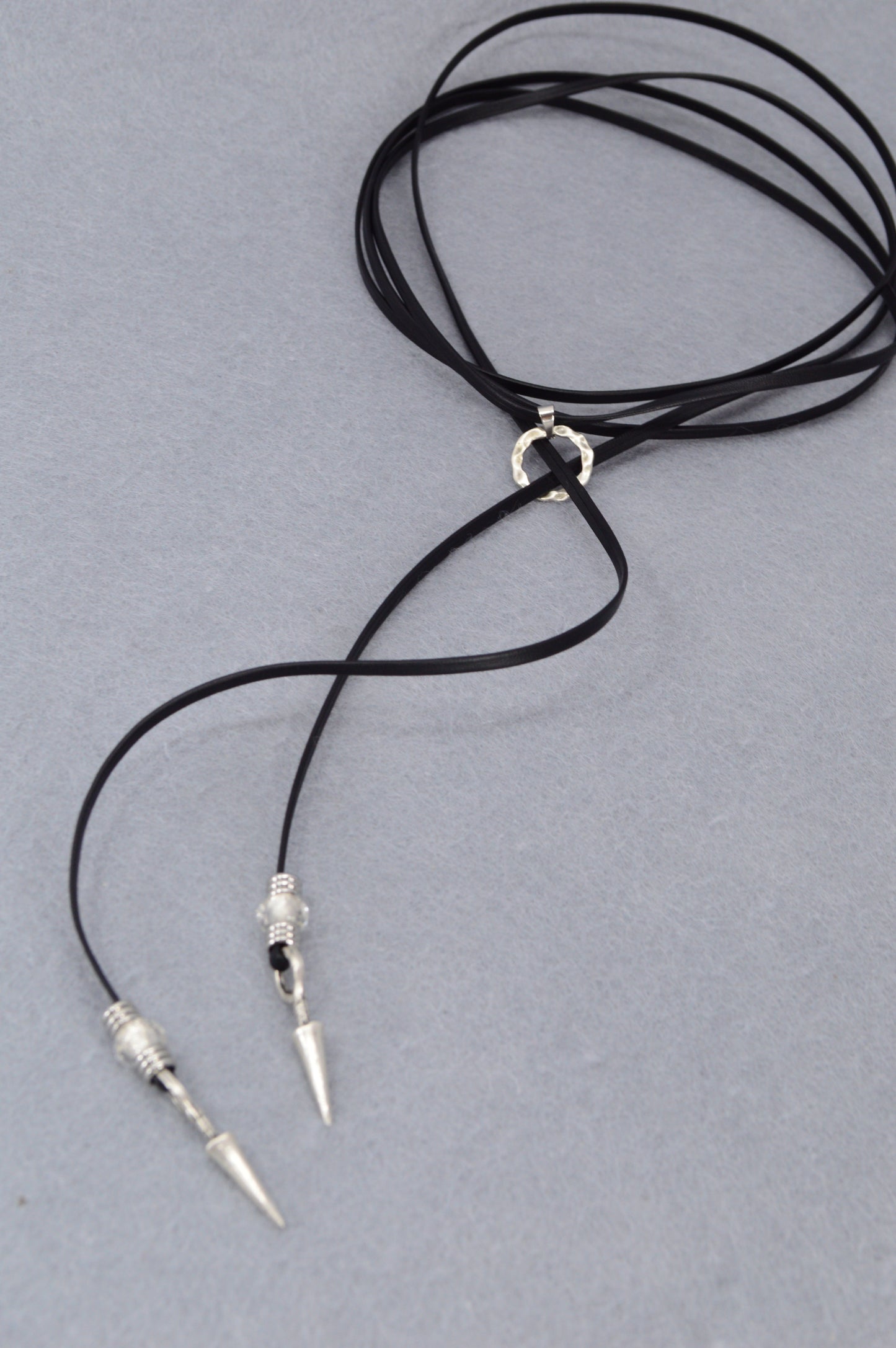 Leather Wrap Choker Necklace | Edgy Boho Festival Jewelry | Black Cord with Silver Spikes