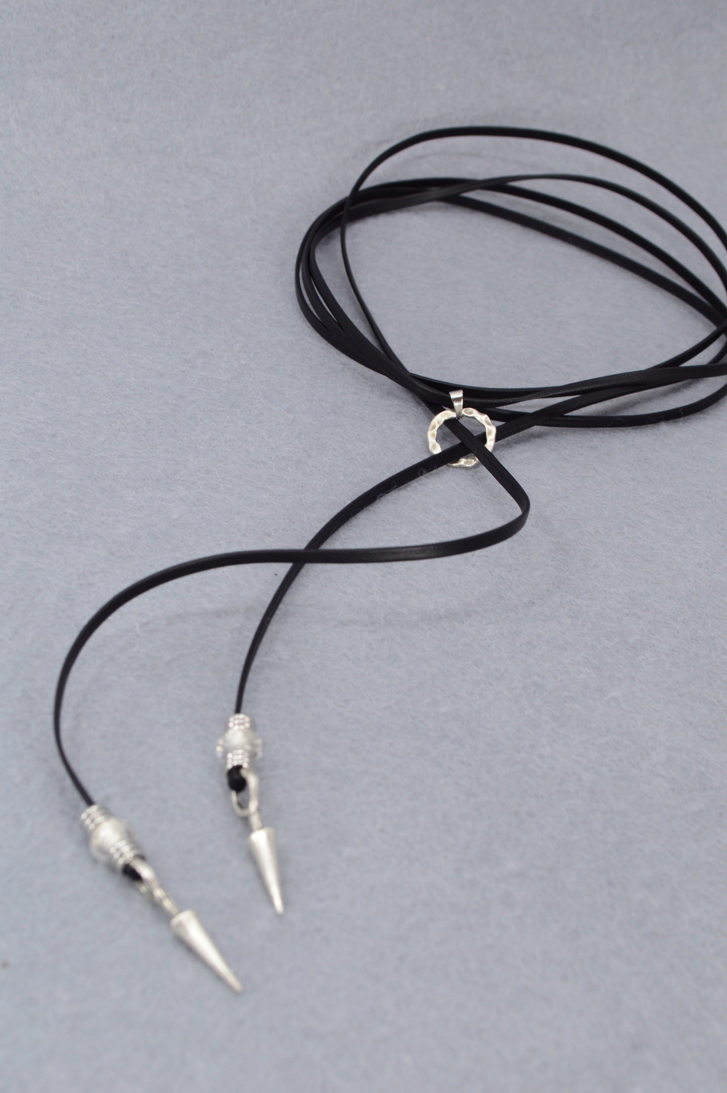 Leather Wrap Choker Necklace | Edgy Boho Festival Jewelry | Black Cord with Silver Spikes