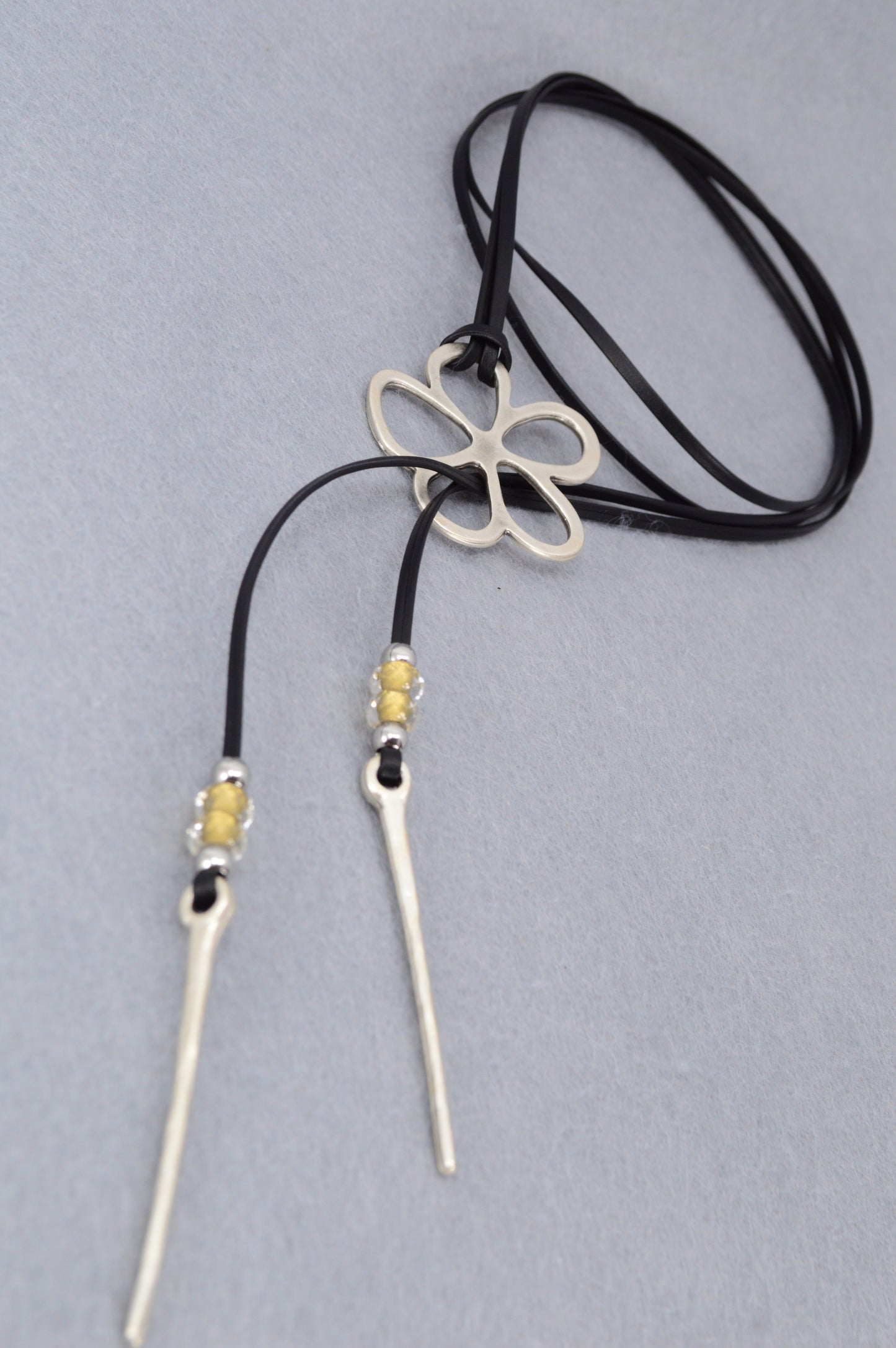 Leather Cord Necklace with Silver Flower Pendant | Boho Jewelry with Czech Glass Beads | Adjustable Wrap Choker