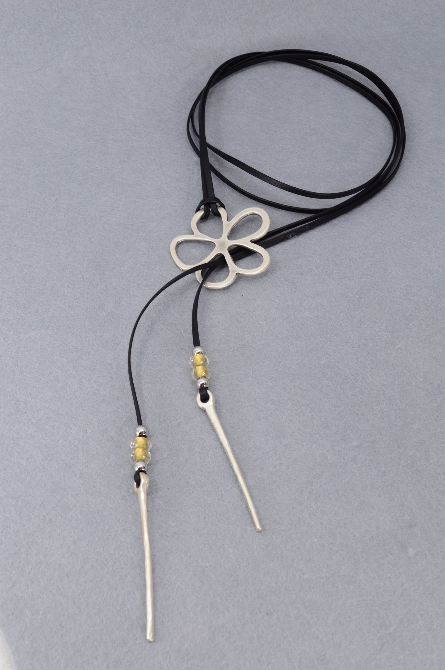 Leather Cord Necklace with Silver Flower Pendant | Boho Jewelry with Czech Glass Beads | Adjustable Wrap Choker