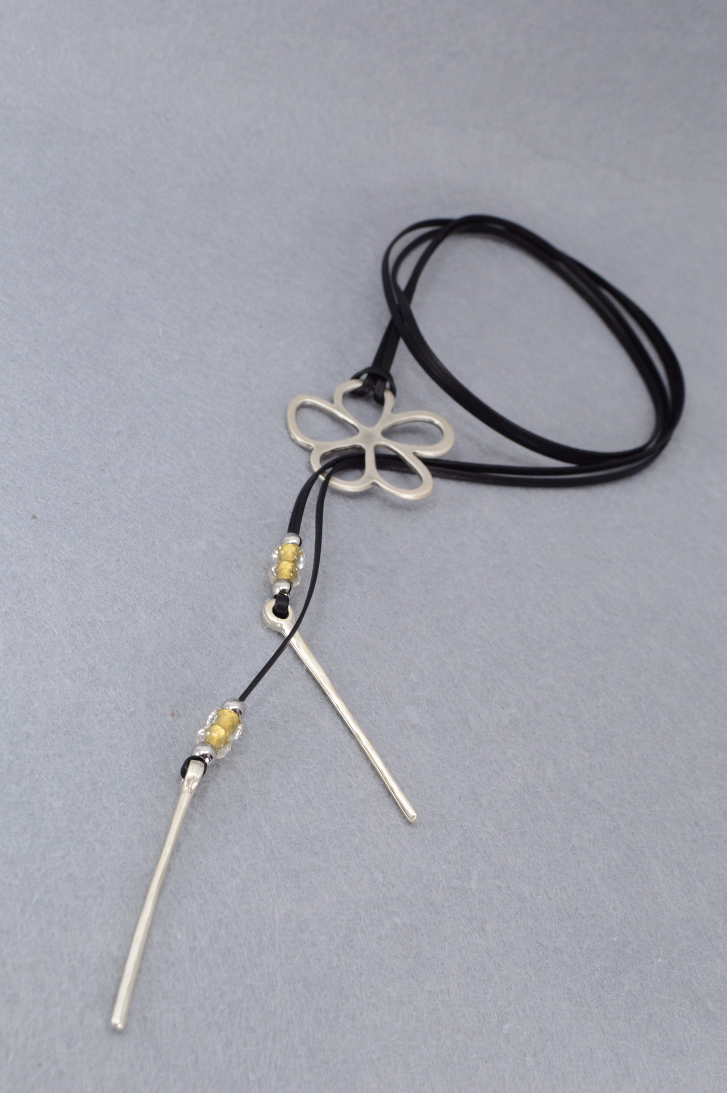 Leather Cord Necklace with Silver Flower Pendant | Boho Jewelry with Czech Glass Beads | Adjustable Wrap Choker
