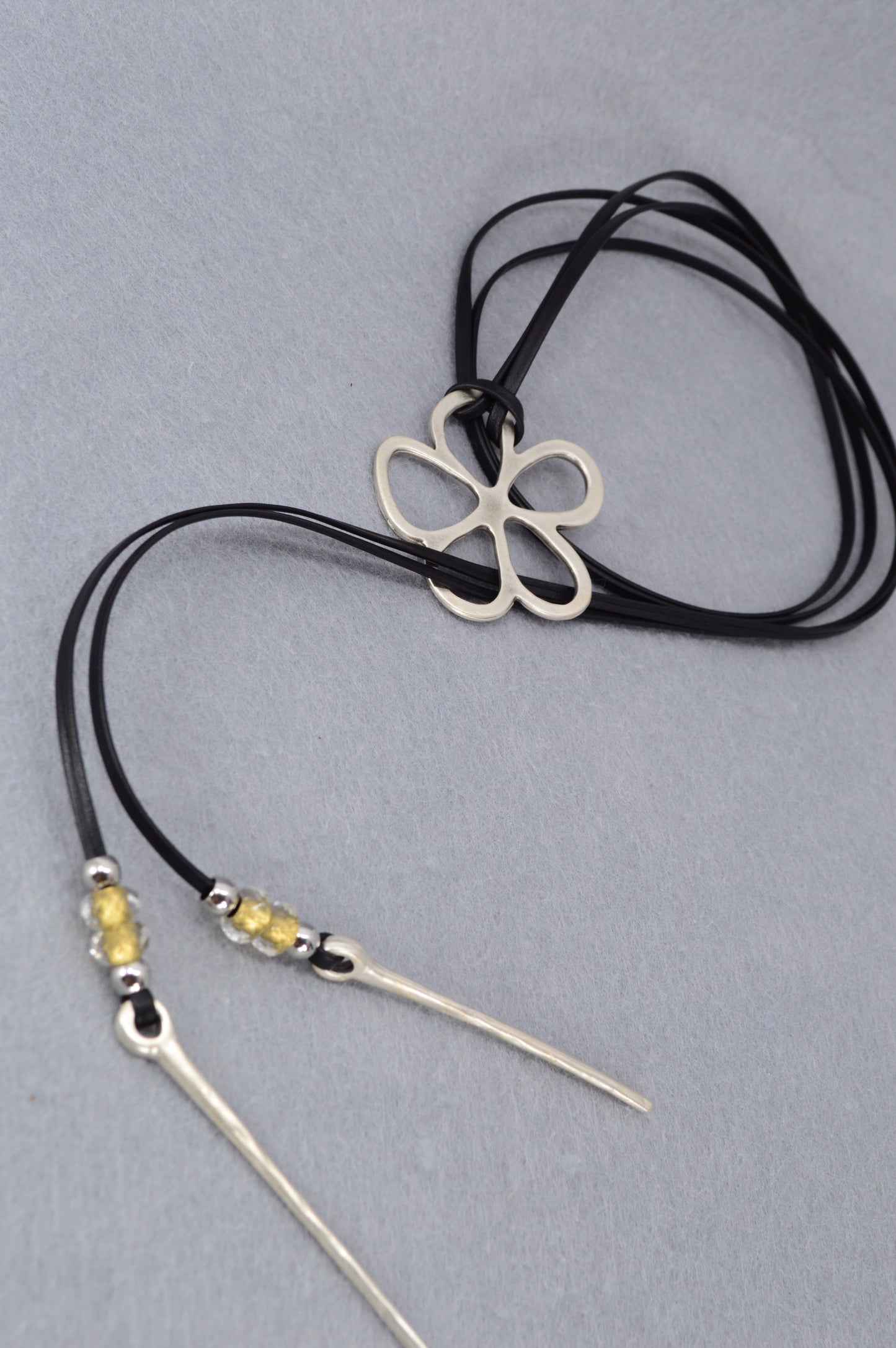 Leather Cord Necklace with Silver Flower Pendant | Boho Jewelry with Czech Glass Beads | Adjustable Wrap Choker