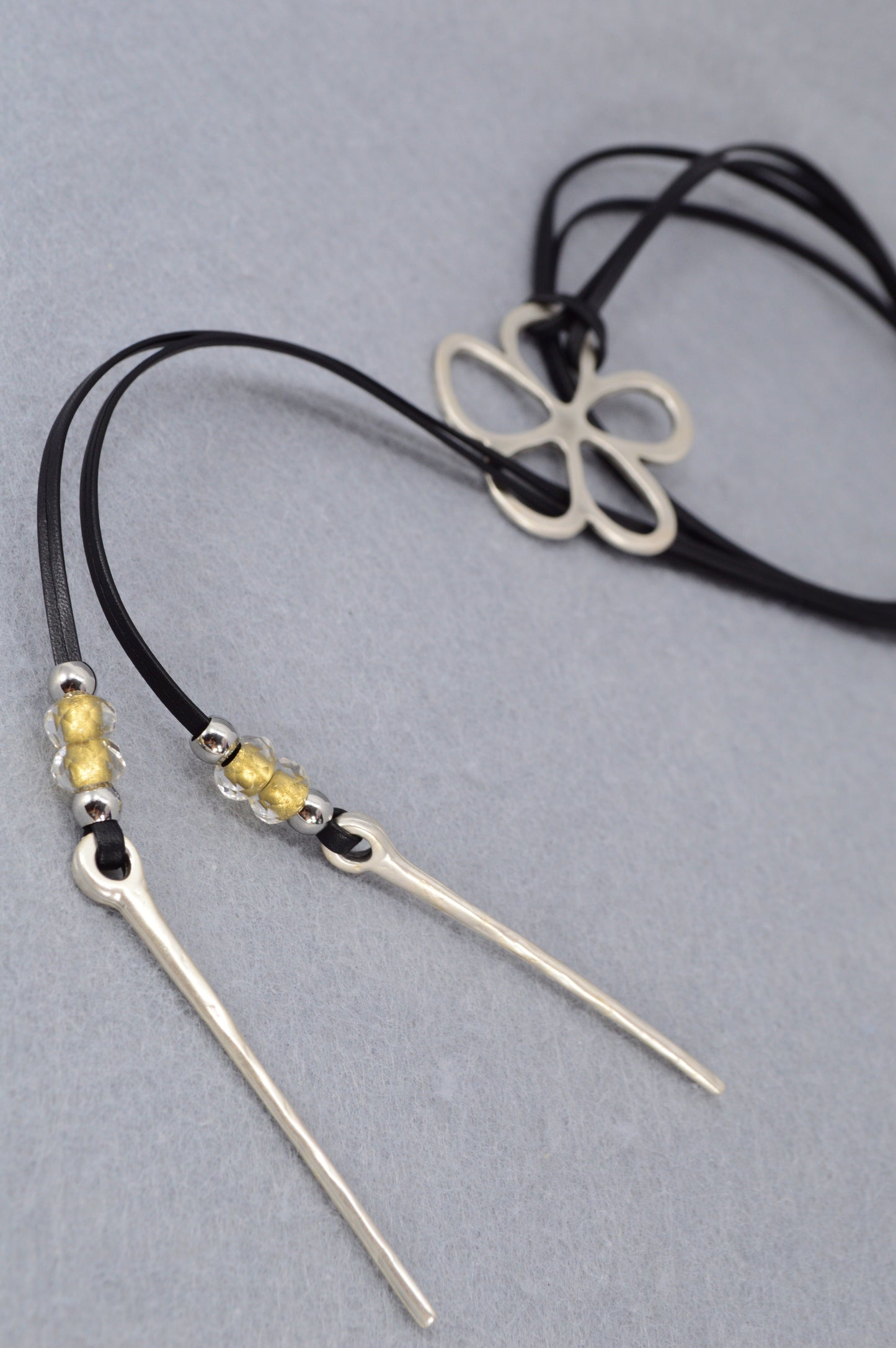 Leather Cord Necklace with Silver Flower Pendant | Boho Jewelry with Czech Glass Beads | Adjustable Wrap Choker
