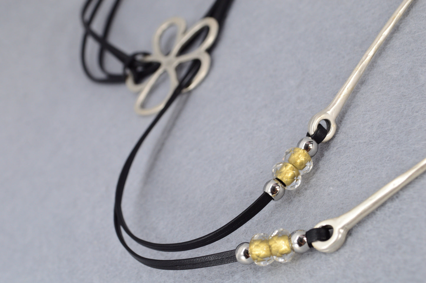 Leather Cord Necklace with Silver Flower Pendant | Boho Jewelry with Czech Glass Beads | Adjustable Wrap Choker
