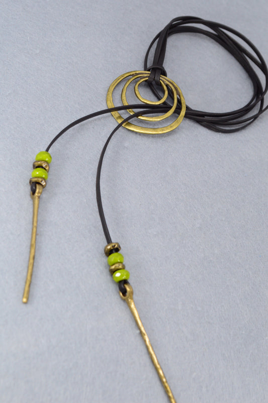 Boho Leather Wrap Necklace with Triple Rings – Handmade Festival Jewelry, Long Lariat Choker with Beads and Brass