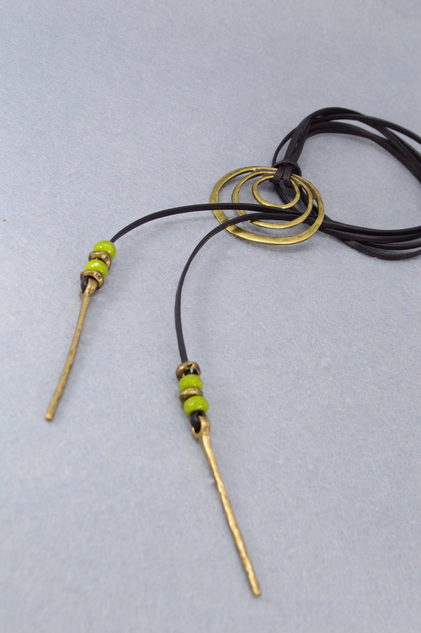 Boho Leather Wrap Necklace with Triple Rings – Handmade Festival Jewelry, Long Lariat Choker with Beads and Brass