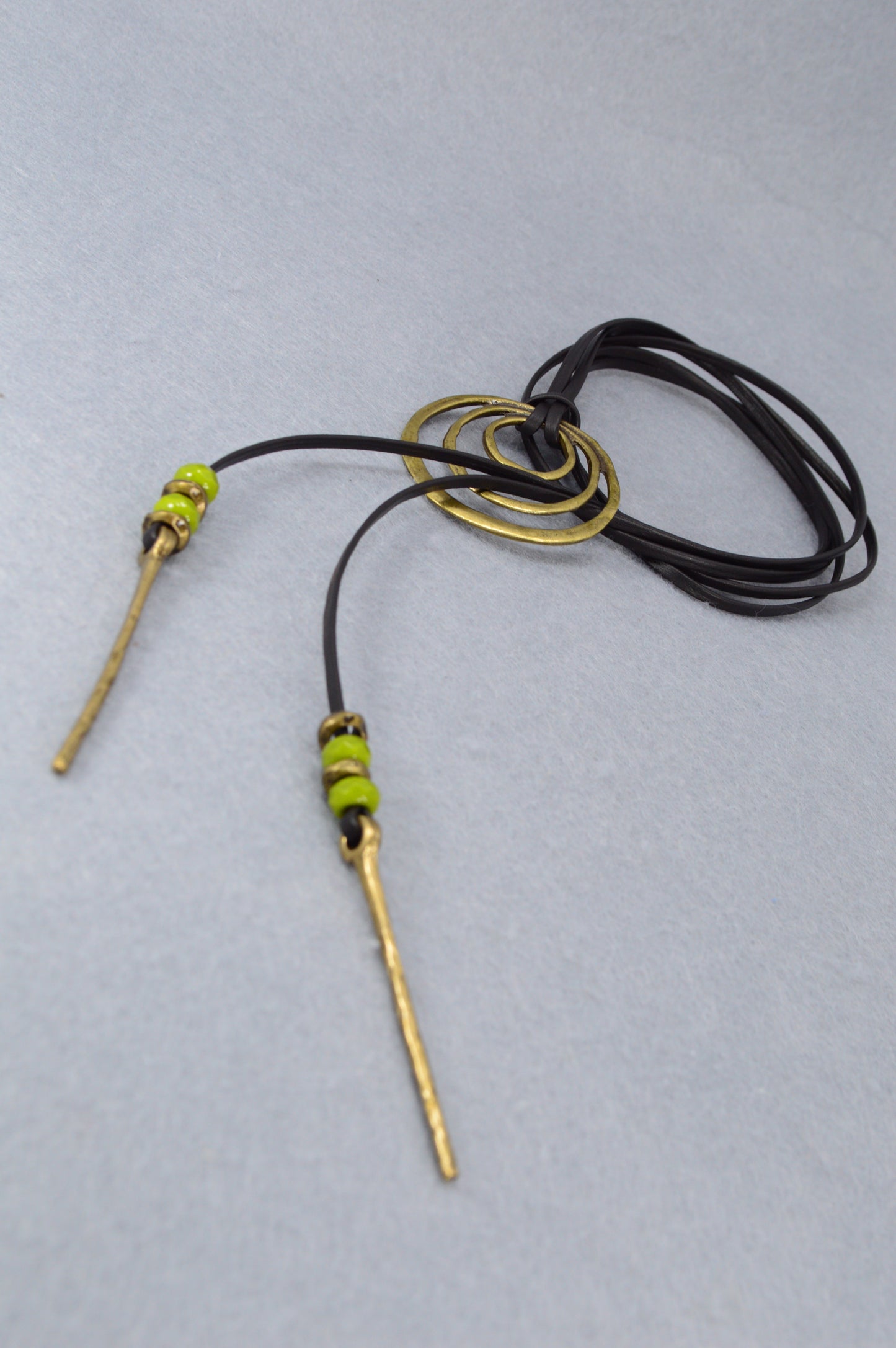 Boho Leather Wrap Necklace with Triple Rings – Handmade Festival Jewelry, Long Lariat Choker with Beads and Brass