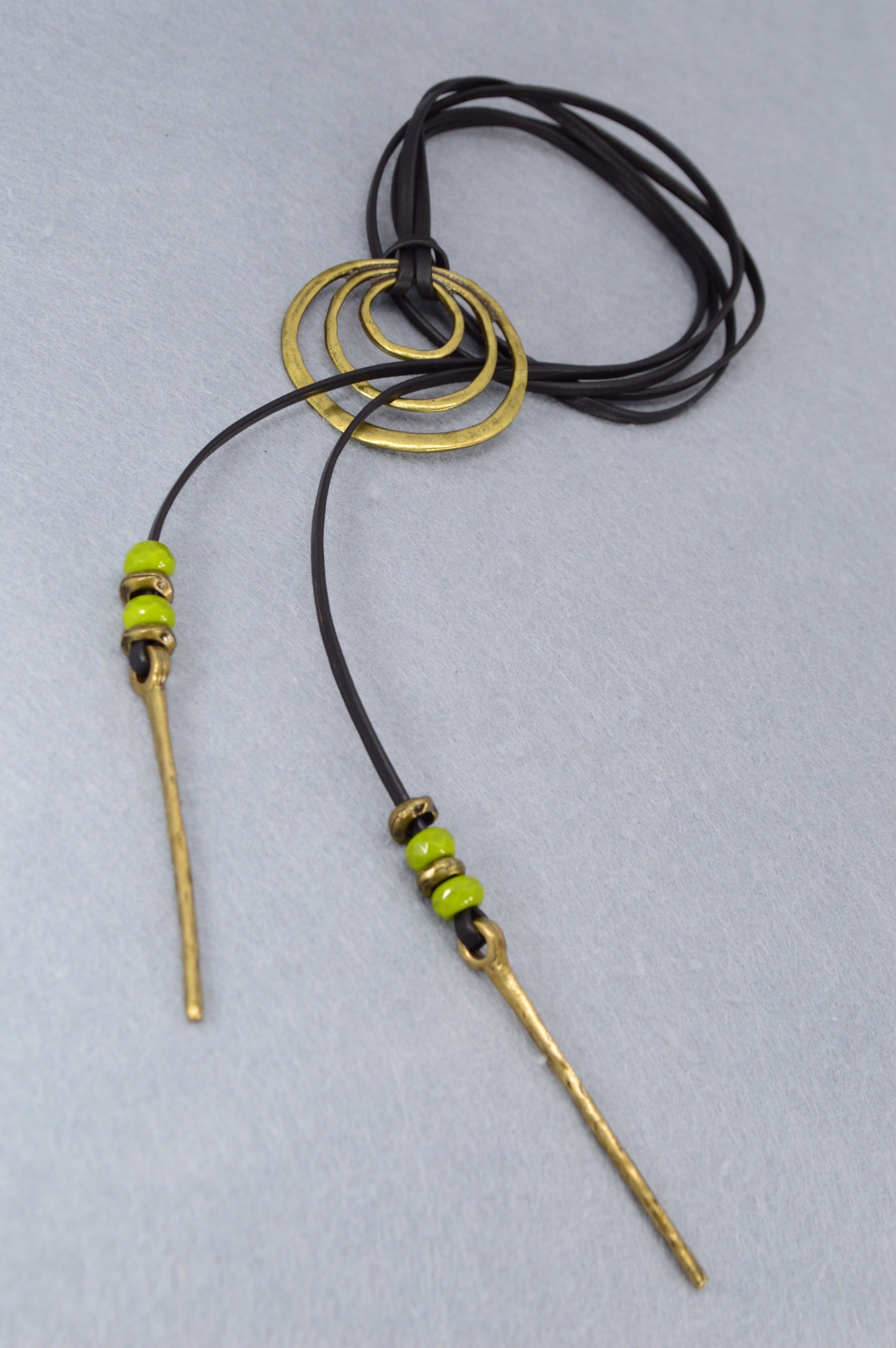 Boho Leather Wrap Necklace with Triple Rings – Handmade Festival Jewelry, Long Lariat Choker with Beads and Brass