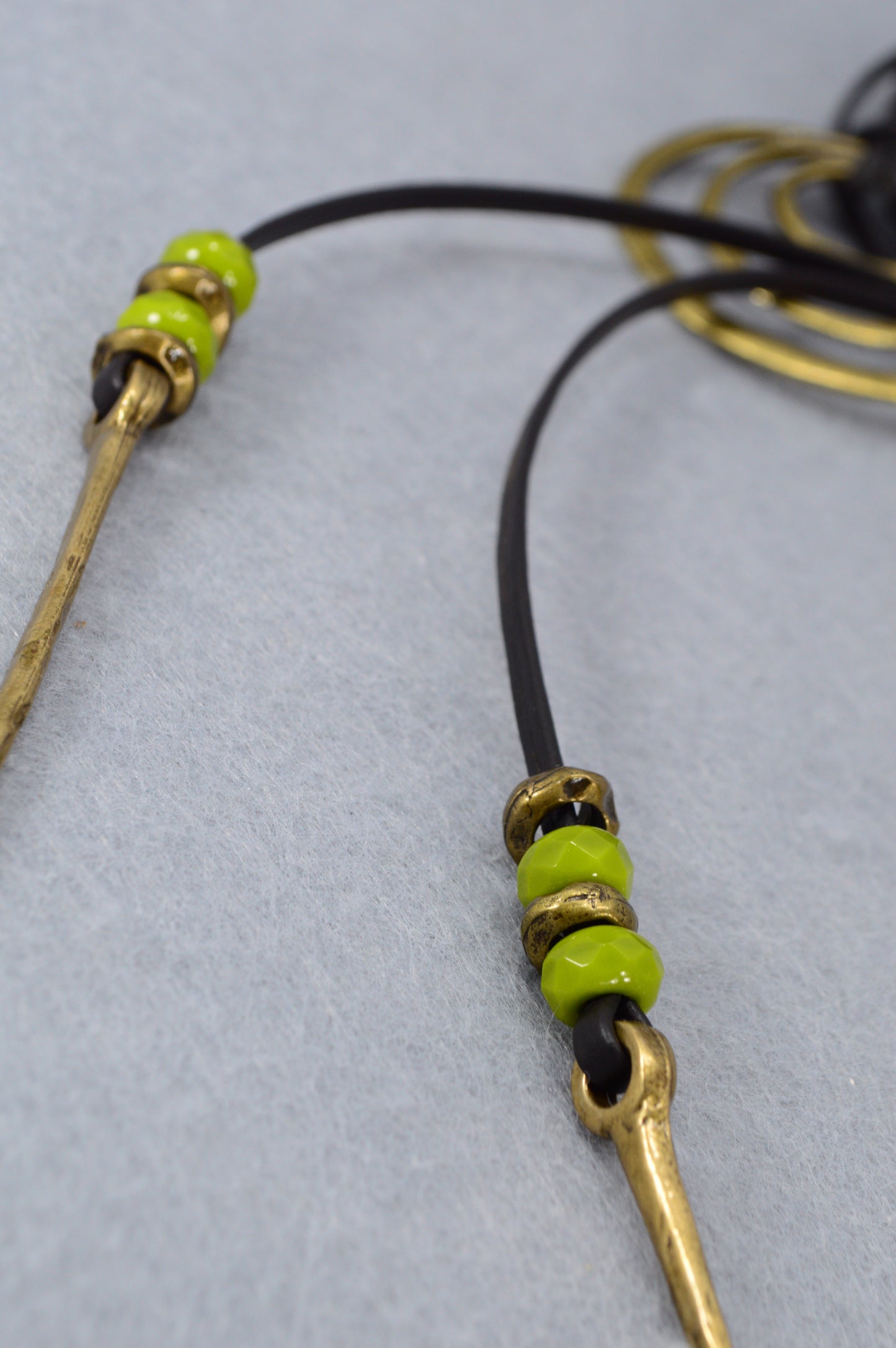 Boho Leather Wrap Necklace with Triple Rings – Handmade Festival Jewelry, Long Lariat Choker with Beads and Brass