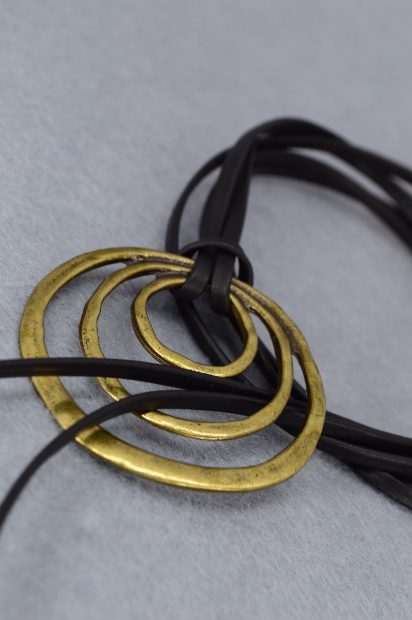 Boho Leather Wrap Necklace with Triple Rings – Handmade Festival Jewelry, Long Lariat Choker with Beads and Brass