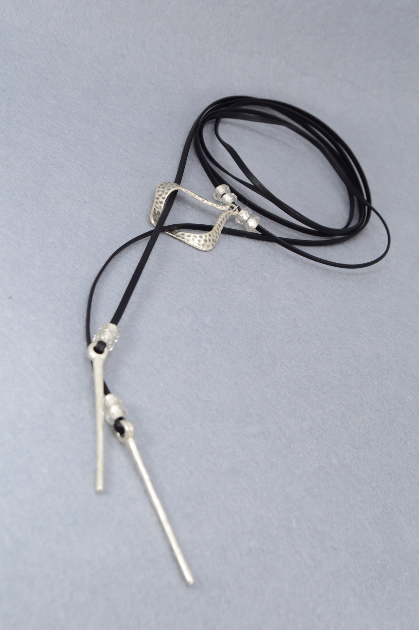 Black Leather Wrap Necklace – Modern Boho Choker with Hammered Silver Pendant – Festival, Yoga, Gypsy Jewelry