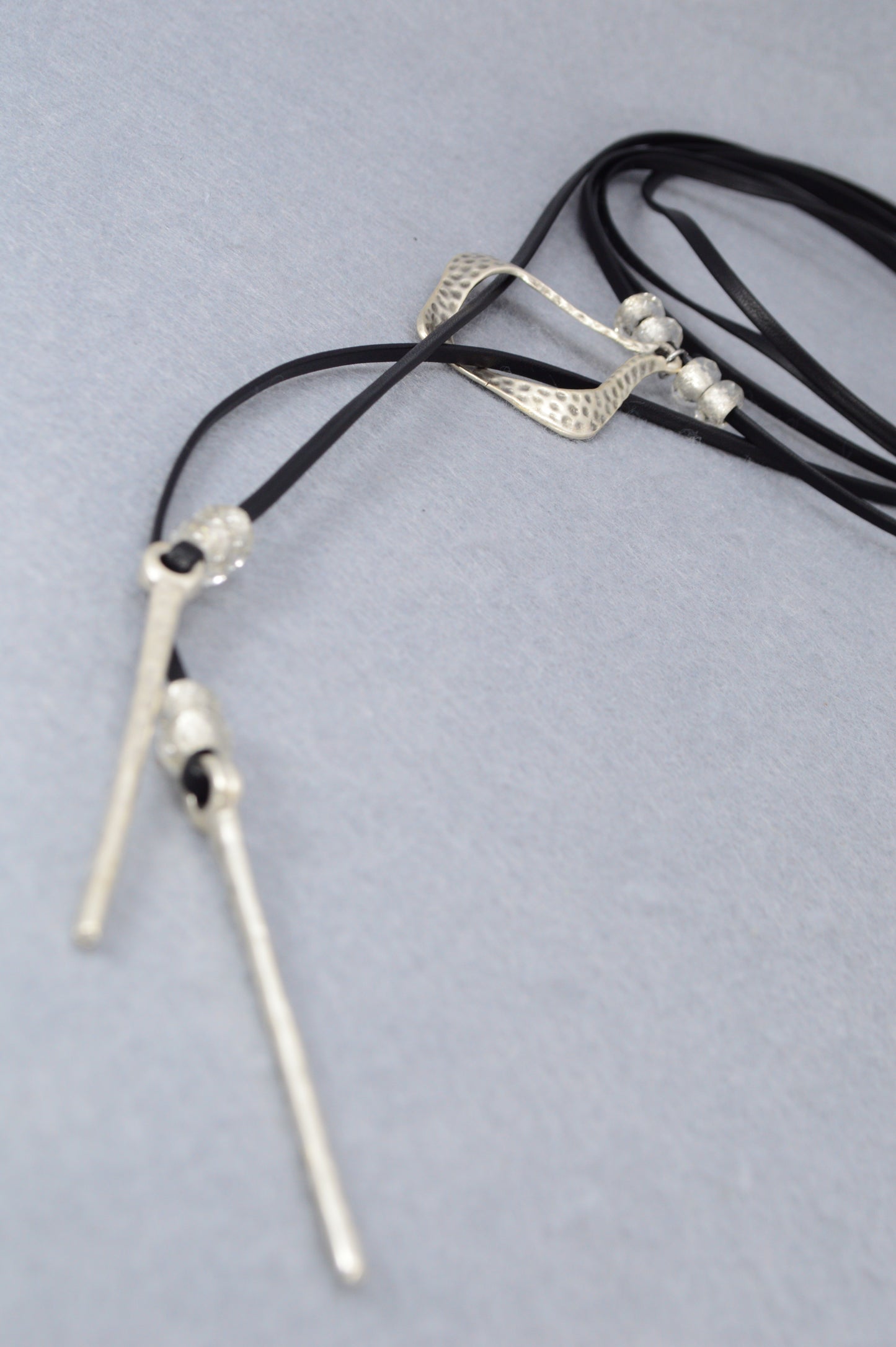 Black Leather Wrap Necklace – Modern Boho Choker with Hammered Silver Pendant – Festival, Yoga, Gypsy Jewelry