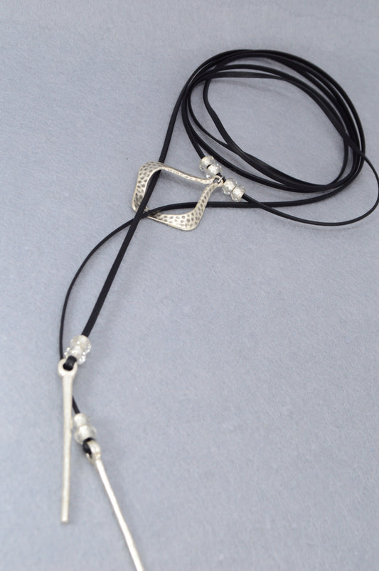 Black Leather Wrap Necklace – Modern Boho Choker with Hammered Silver Pendant – Festival, Yoga, Gypsy Jewelry