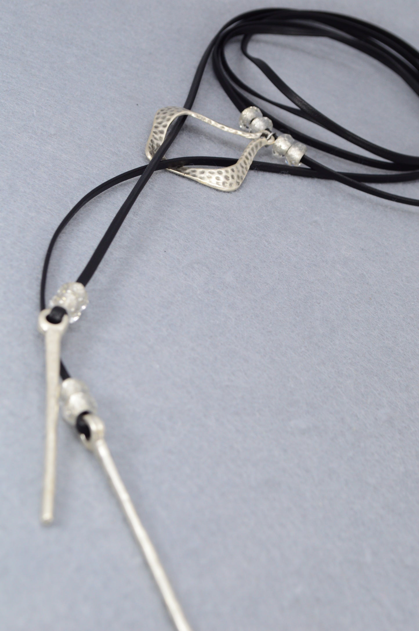 Black Leather Wrap Necklace – Modern Boho Choker with Hammered Silver Pendant – Festival, Yoga, Gypsy Jewelry