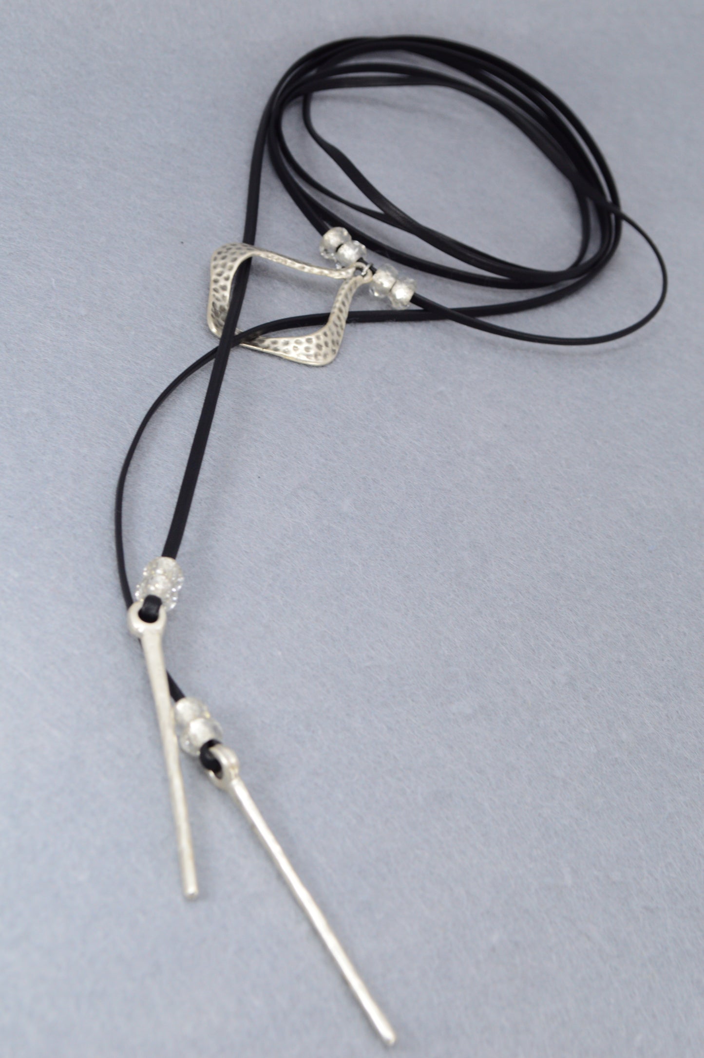 Black Leather Wrap Necklace – Modern Boho Choker with Hammered Silver Pendant – Festival, Yoga, Gypsy Jewelry