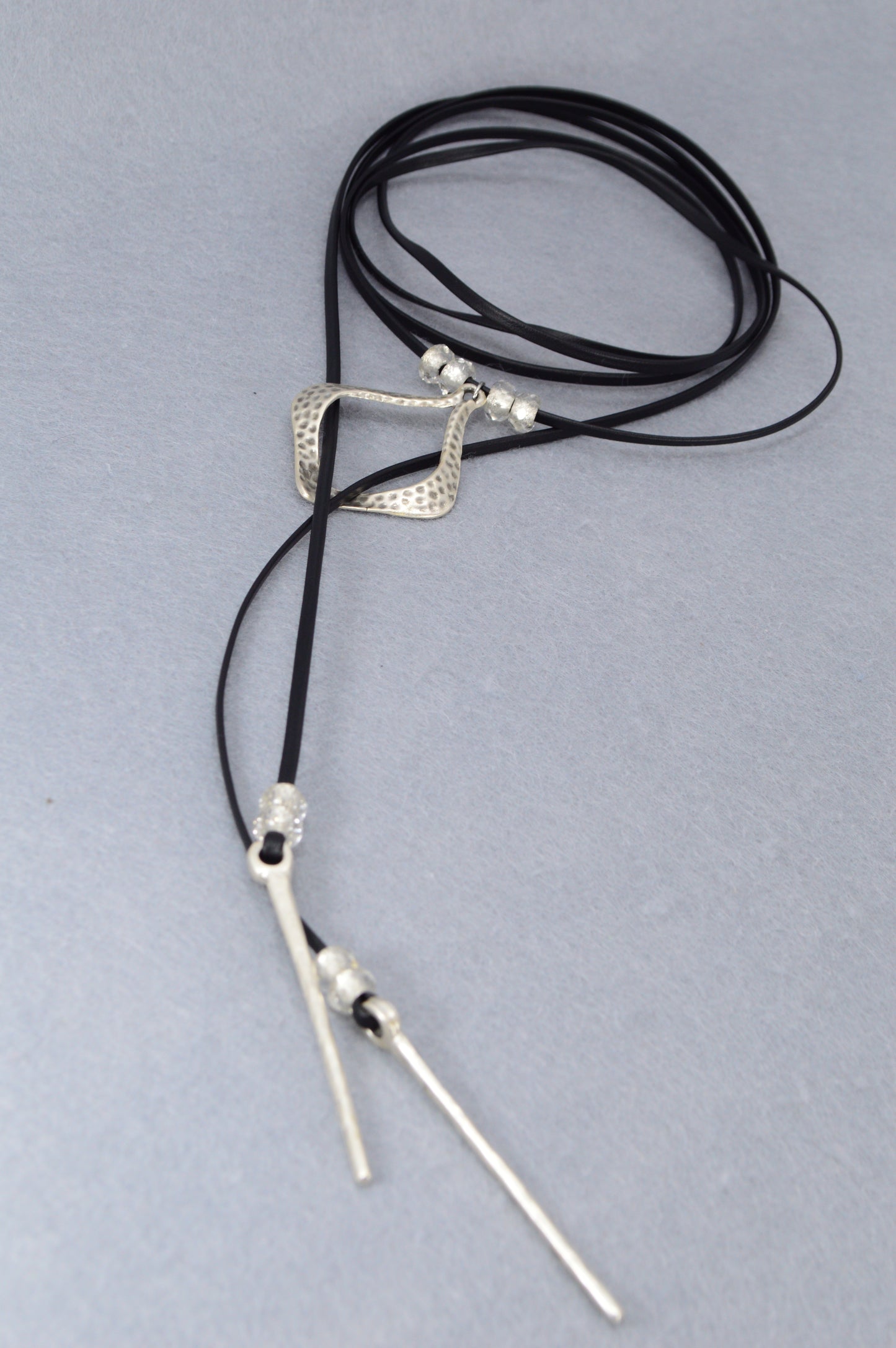 Black Leather Wrap Necklace – Modern Boho Choker with Hammered Silver Pendant – Festival, Yoga, Gypsy Jewelry
